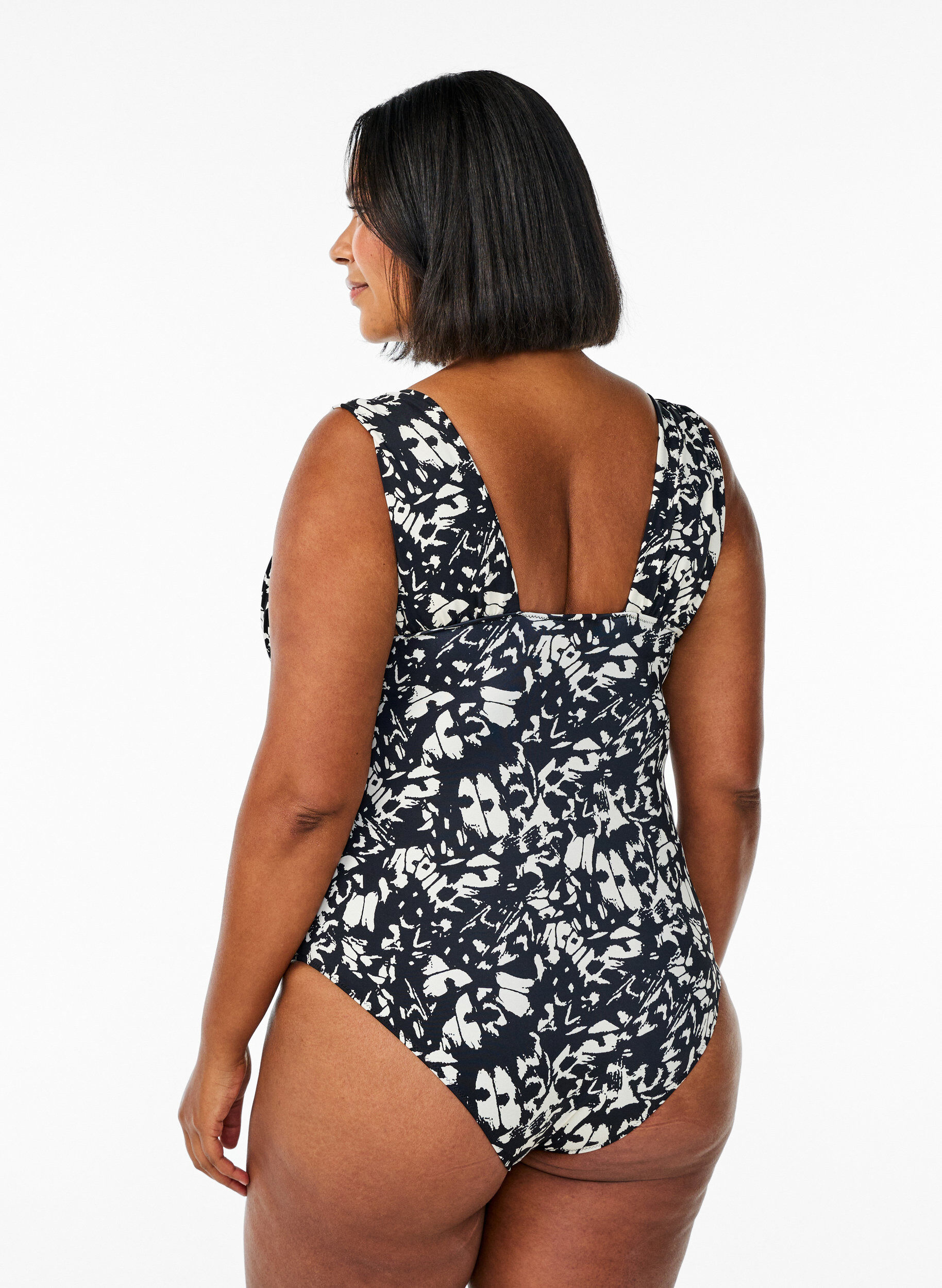 Zizzi Maillot de bain &agrave; motifs avec d&eacute;collet&eacute; en V profond, Noir, Model image number 2