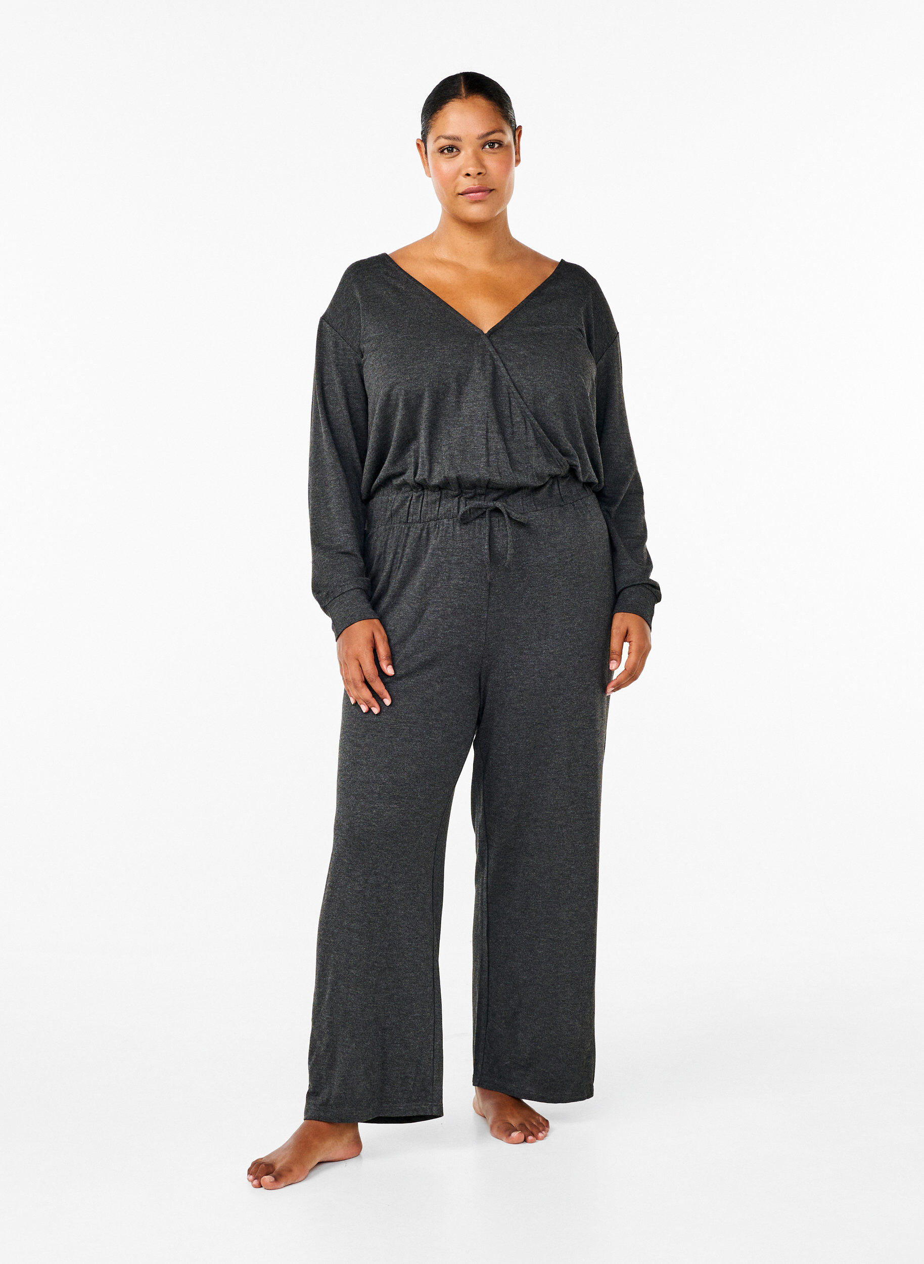 Zizzi Jumpsuit mit Wickeloptik und B&auml;ndern, Dark Grey Melange, Model image number 0