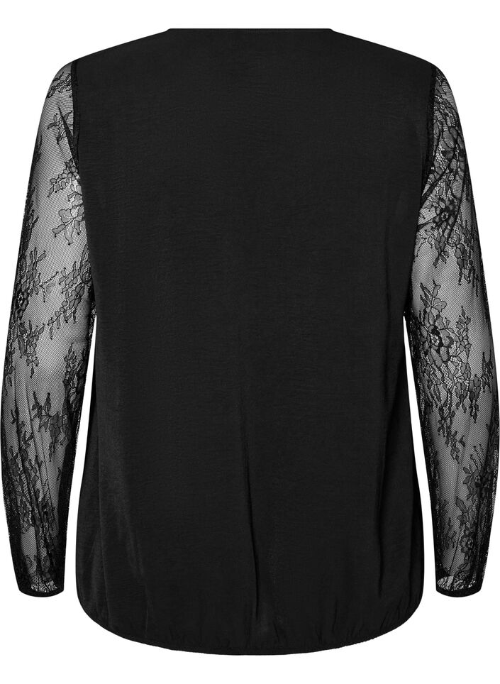Bluse mit &Auml;rmeln aus Spitze und Ballonform, Schwarz, Packshot image number 1