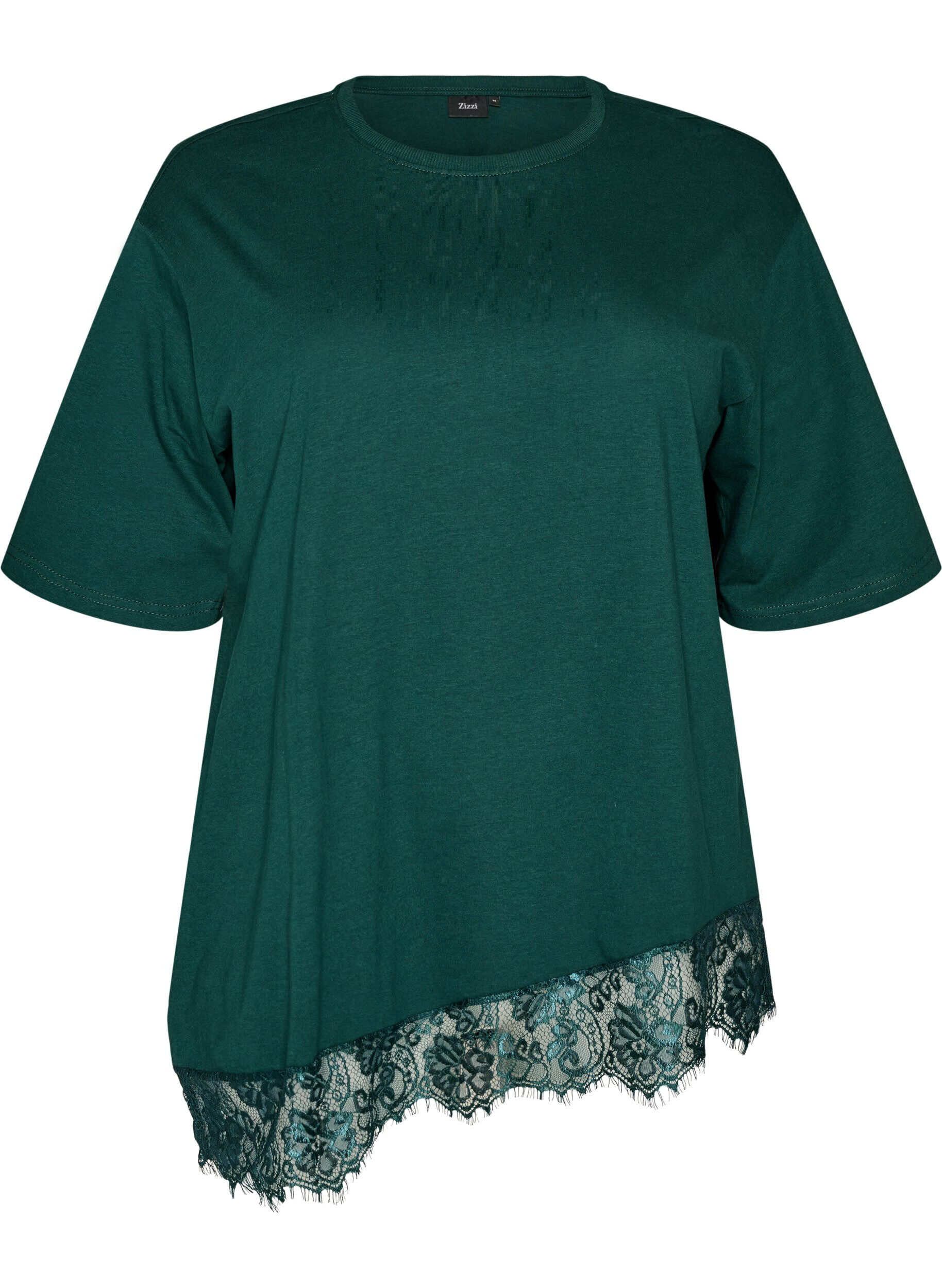 T-shirt avec ourlet asym&eacute;trique en dentelle