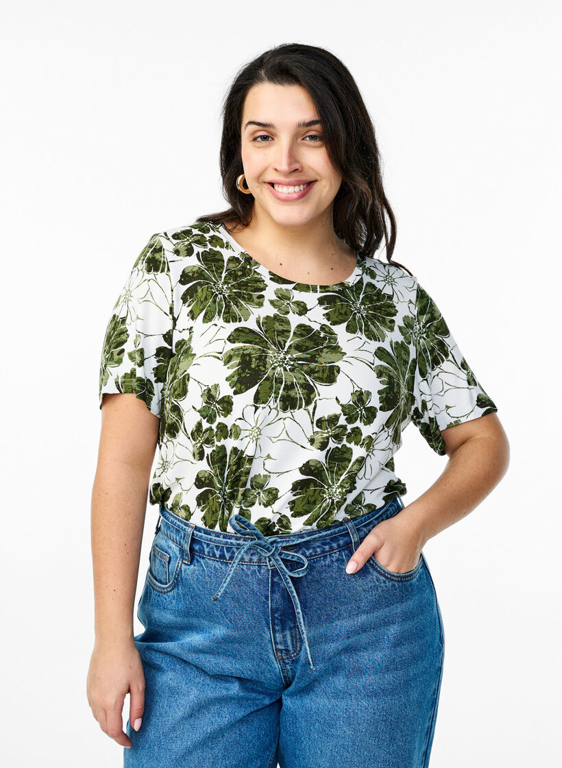 T-shirt avec imprim&eacute; floral, Vert, Model image number 0