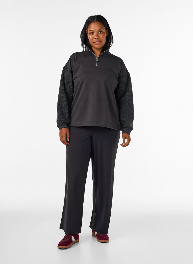 Sweatshirt avec manches en mati&egrave;re teddy et col montant, Gris anthracite, Model image number 1