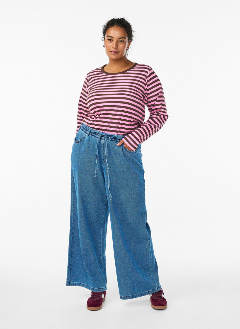 Gestreifte Bluse mit langen Ärmeln, Dunkles Bordeaux, Model image number 1