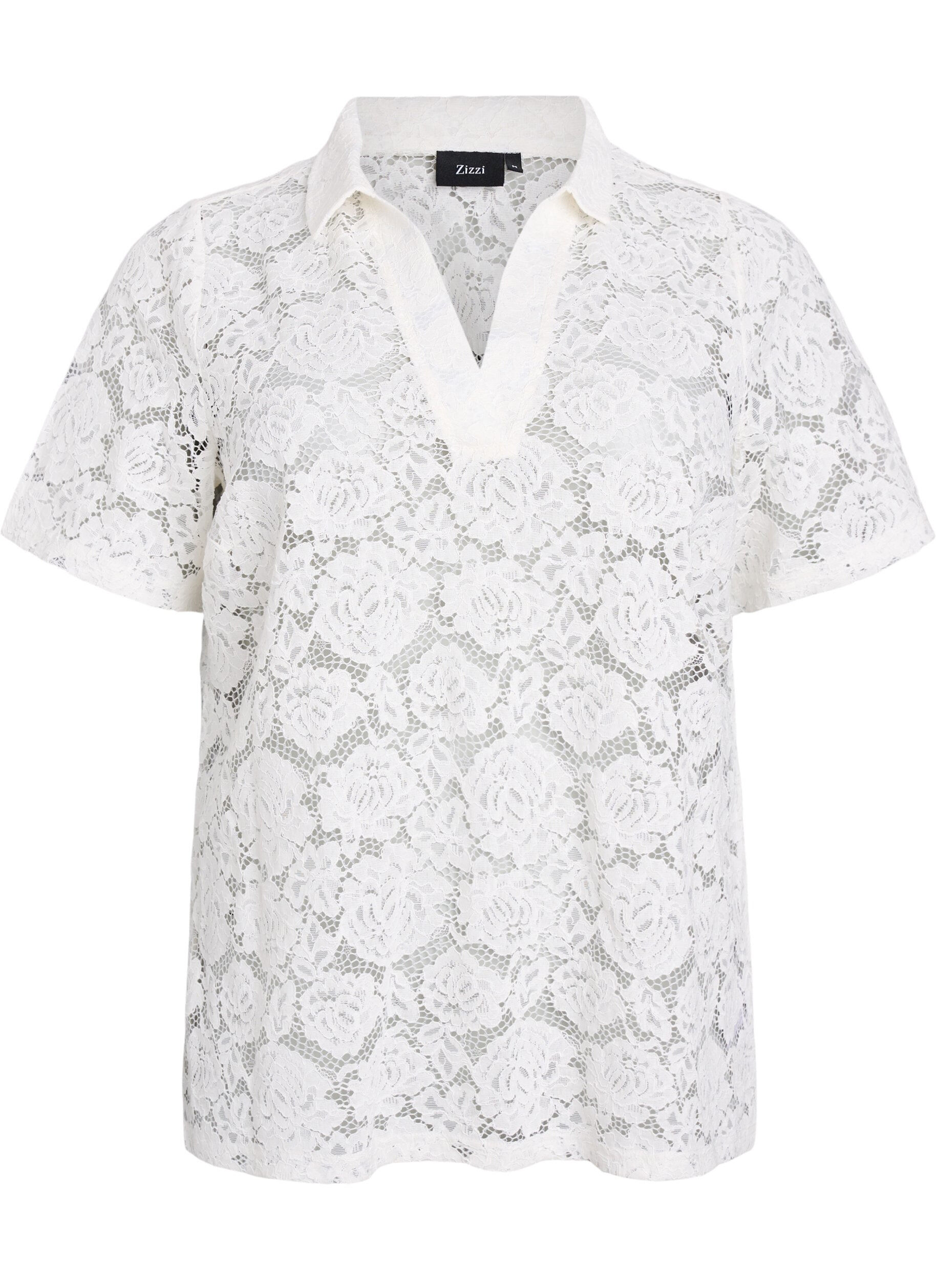 Zizzi Chemisier en dentelle avec un col et un d&eacute;collet&eacute; en V, Vanille, Packshot image number 0