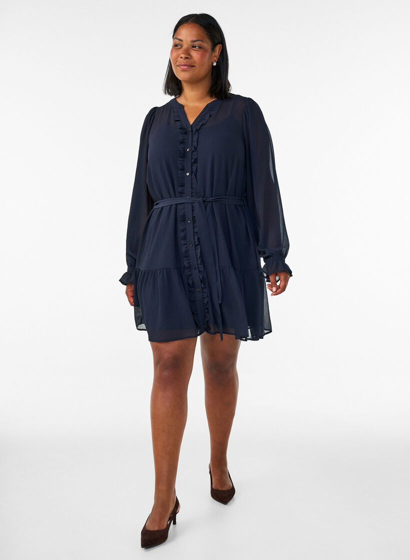Kurzes Kleid mit R&uuml;schendetails und Bindeg&uuml;rtel, Blau, Model image number 1