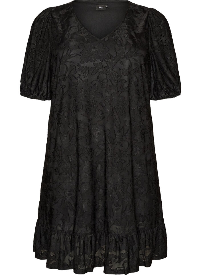 Robe &agrave; texture florale et bordure &agrave; volants, Noir, Packshot image number 0