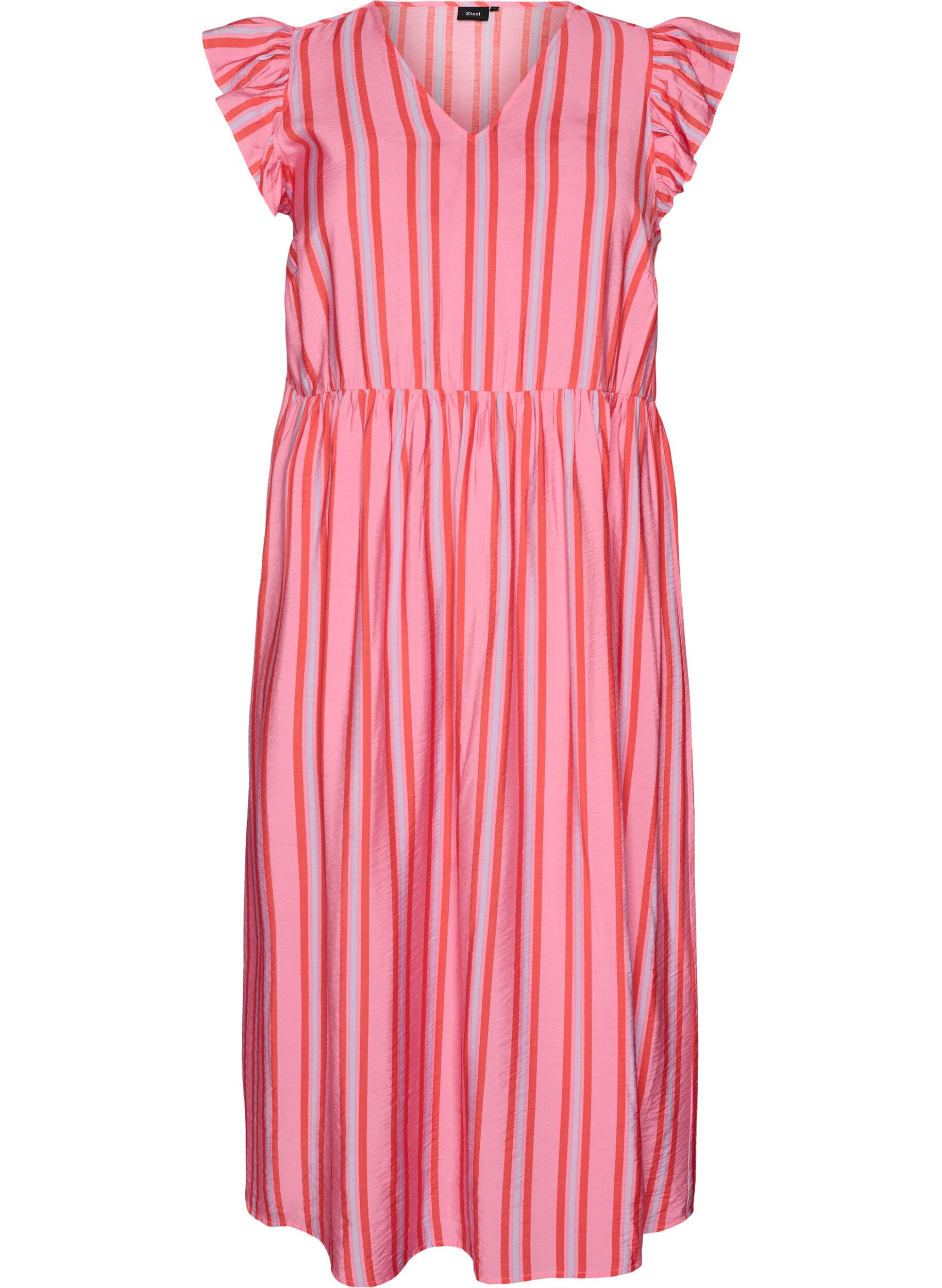 Robe midi &agrave; rayures avec coupe empire et volants