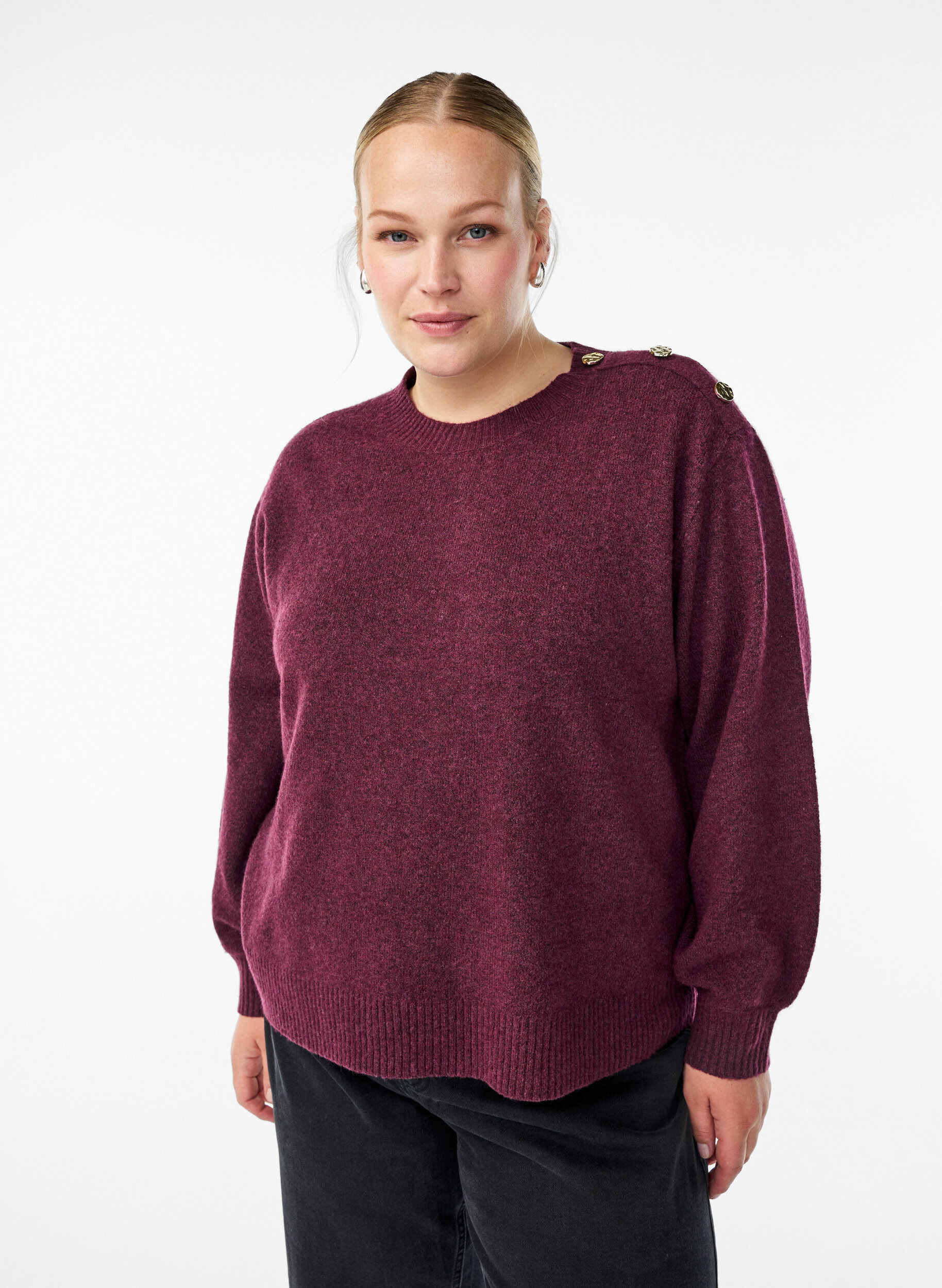 Zizzi Strickbluse mit Knopfleiste, Dunkles Bordeaux, Model image number 0