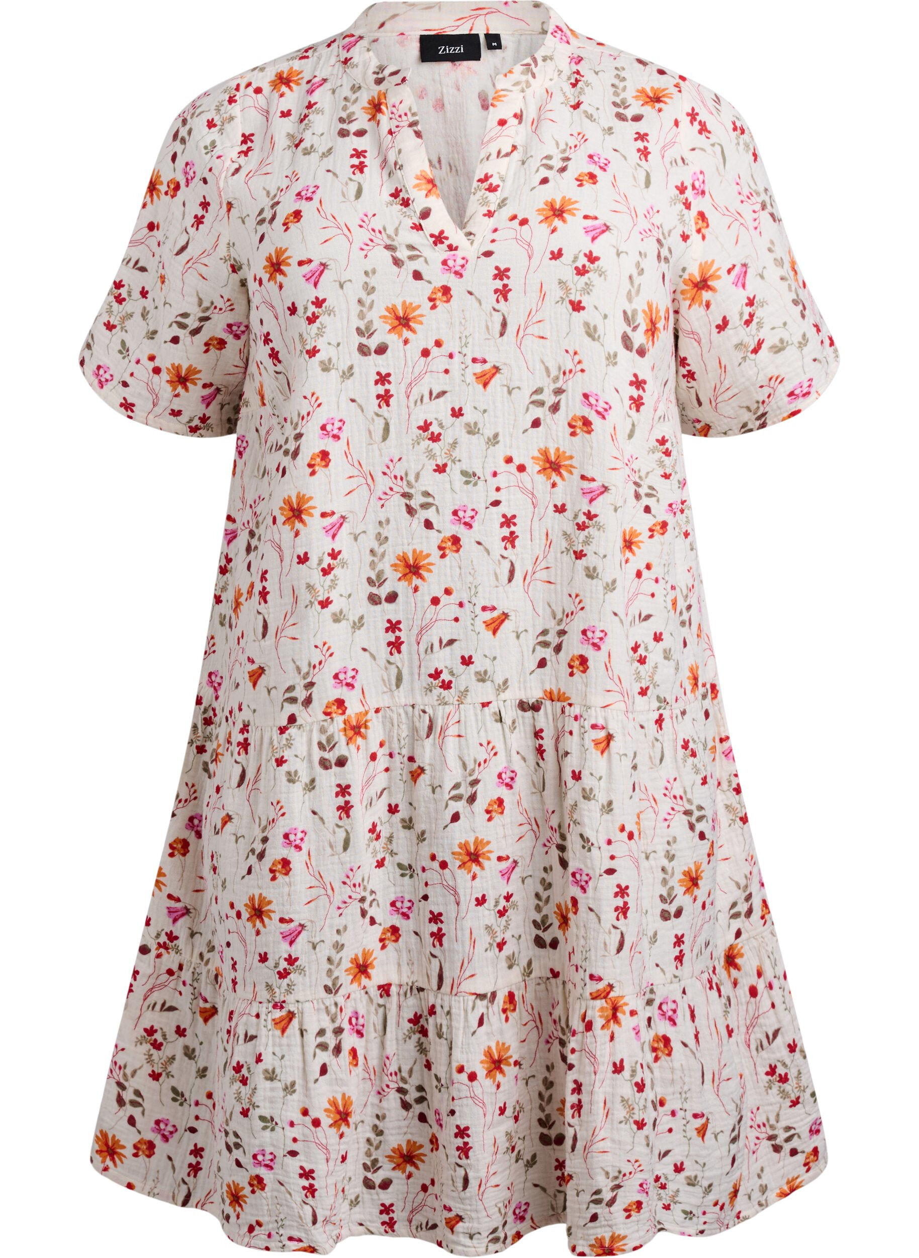 Zizzi Robe courte en mousseline de coton avec des fleurs, Blanc, Packshot image number 0