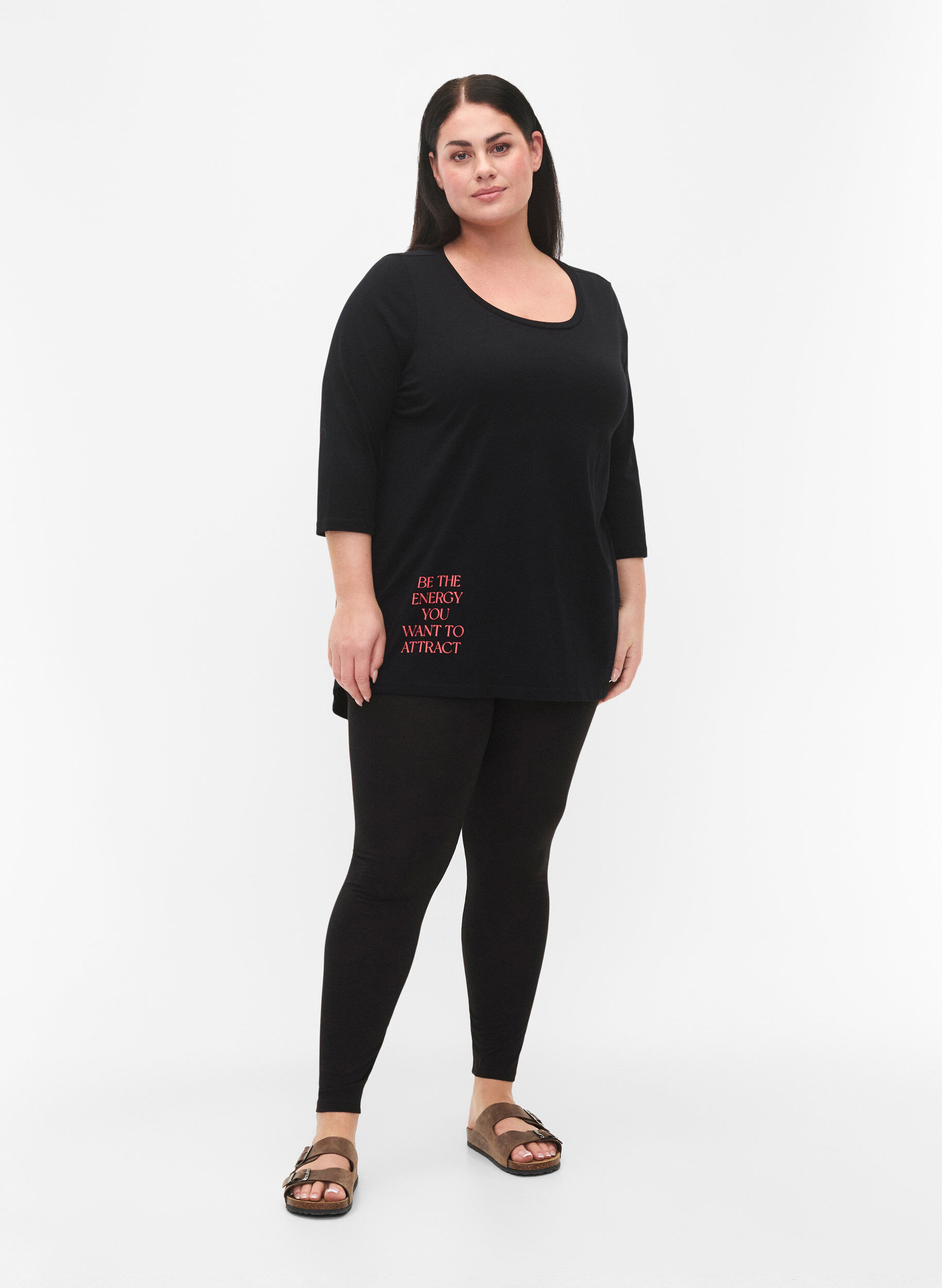 Zizzi T-shirt en coton &agrave; manches 3/4, Black, Model image number 2