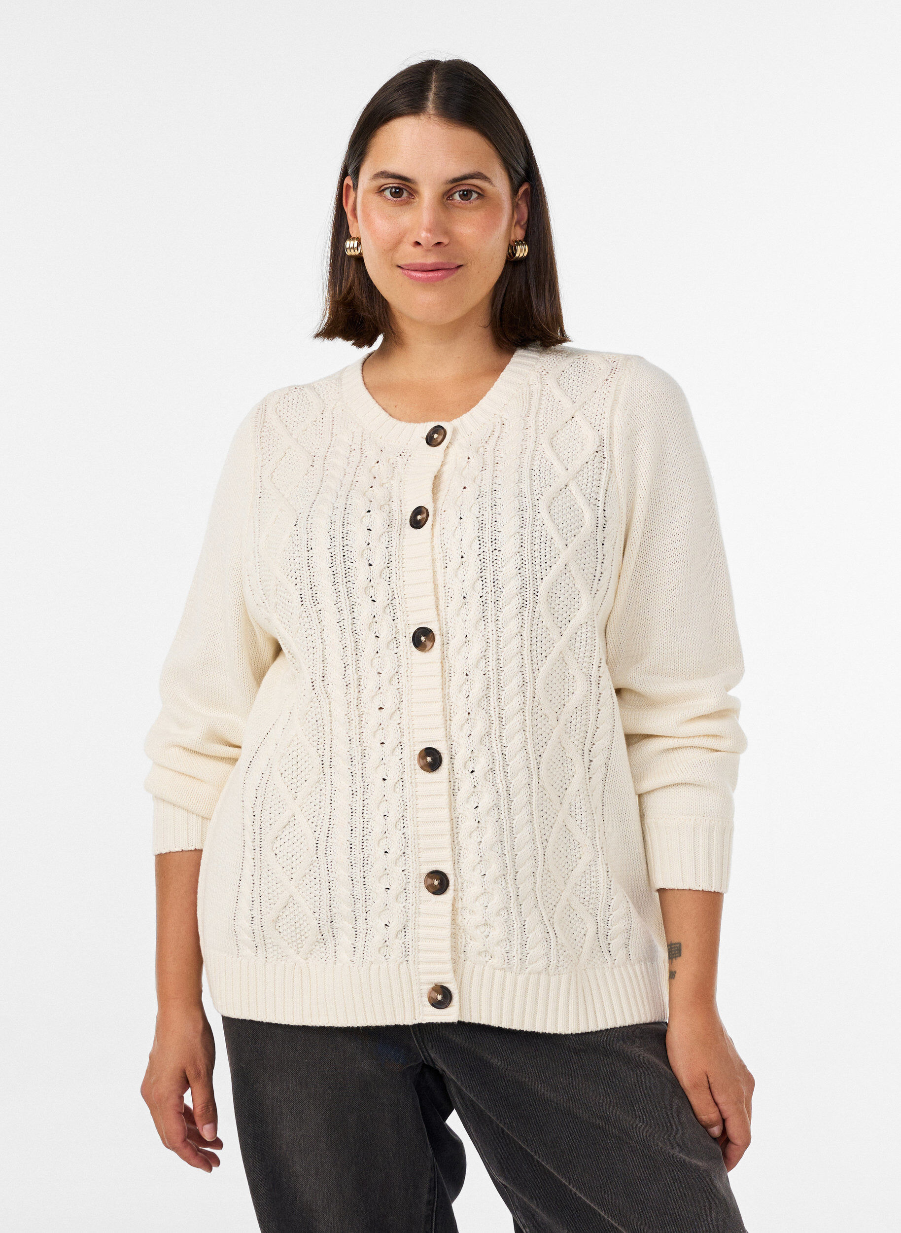 Cardigan avec motif torsad&eacute;, Vanille, Model