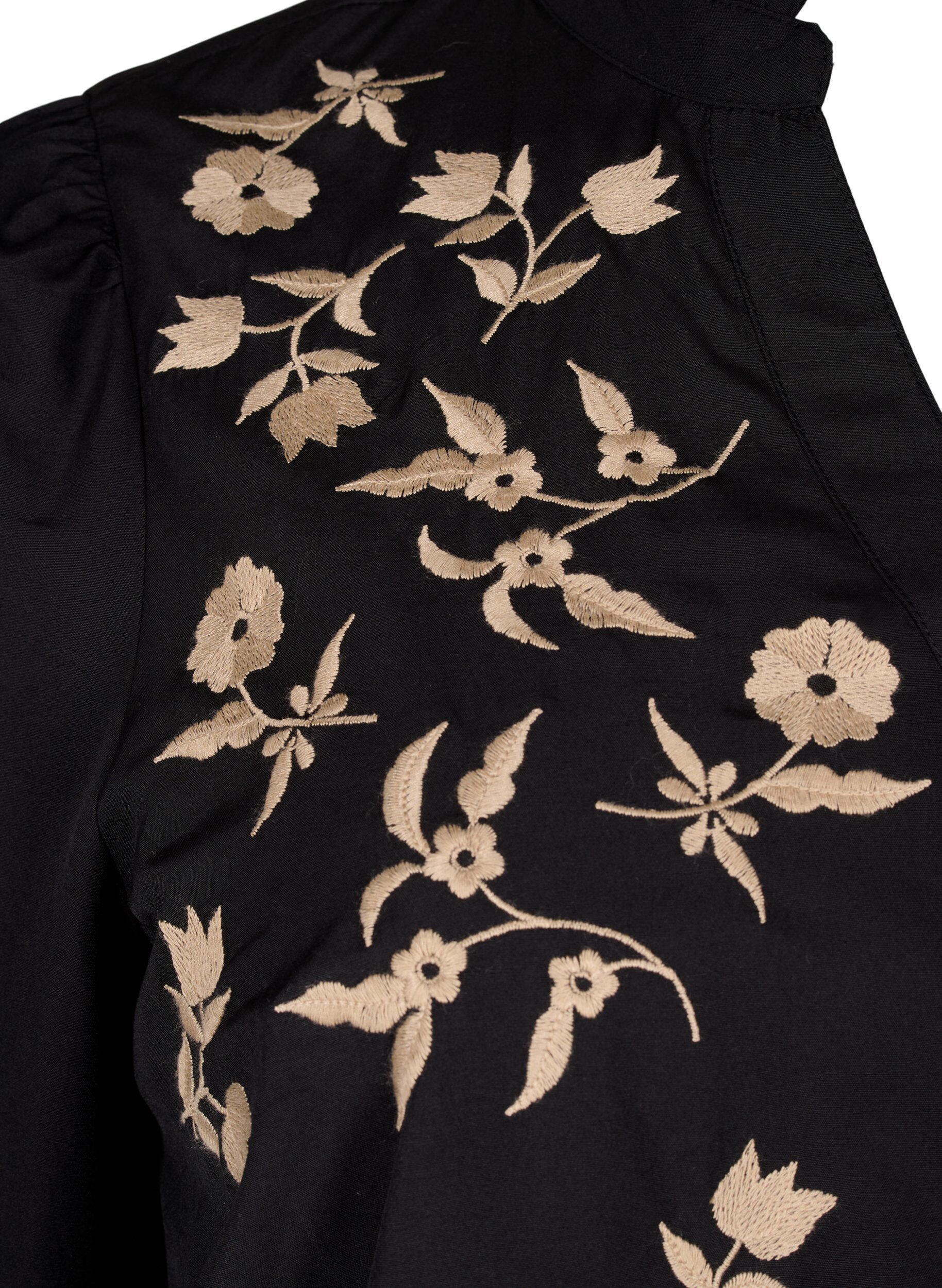 Zizzi Chemisier &agrave; fleurs brod&eacute;es et manches 3/4, Black W. Beige Emb. , Packshot image number 3