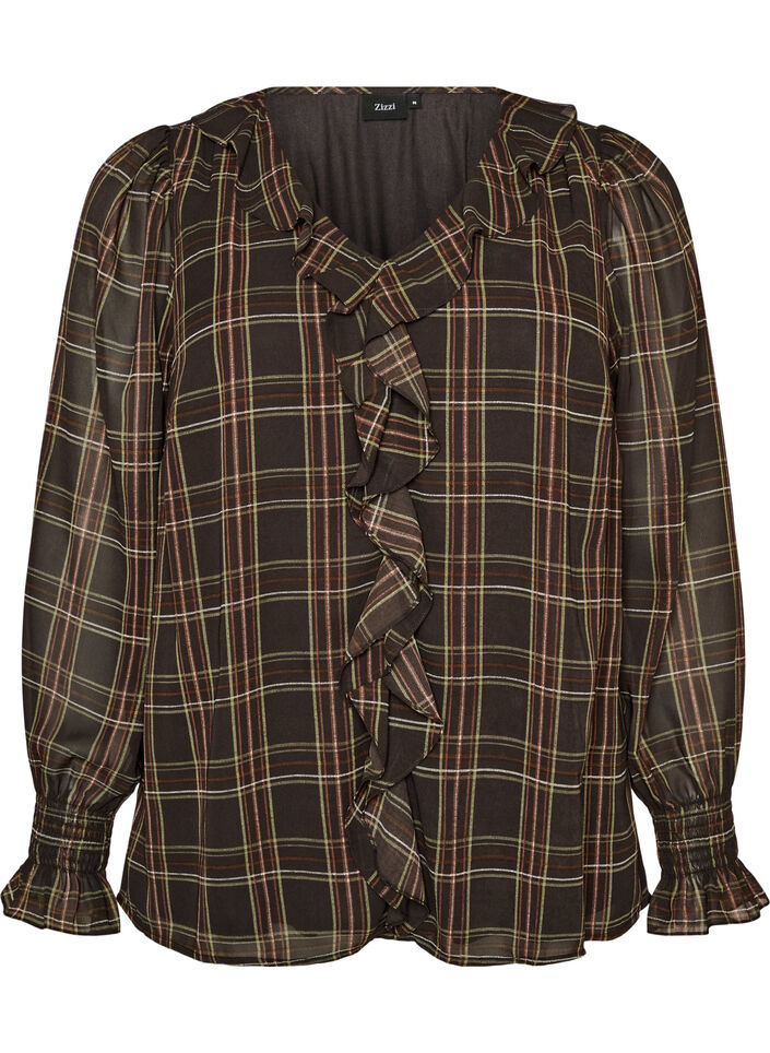Bluse mit Karomuster und R&uuml;schendetails, Gr&uuml;n, Packshot image number 0