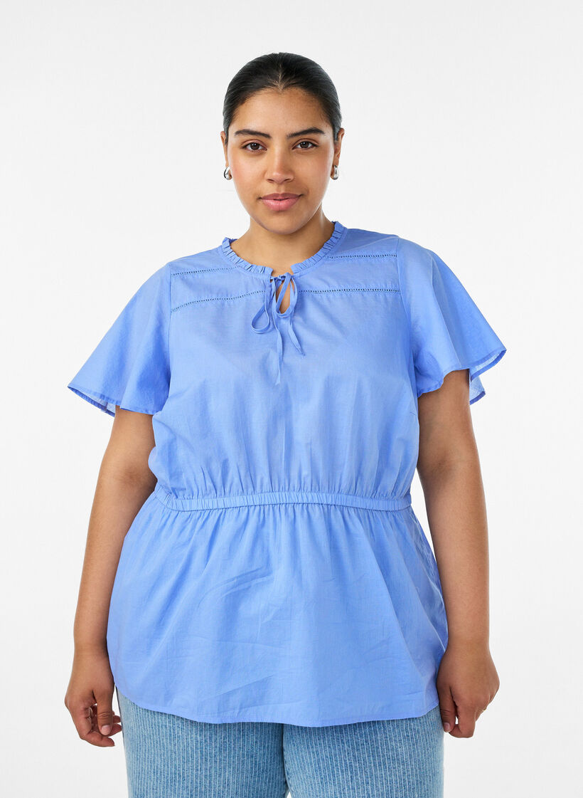 Baumwollbluse mit Bindeband und elastischer Taille, Blau, Model image number 0