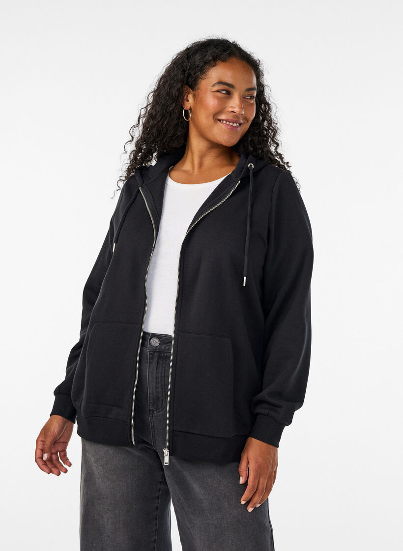 Kapuzensweatshirt mit Rei&szlig;verschluss und Taschen, Schwarz, Model image number 0
