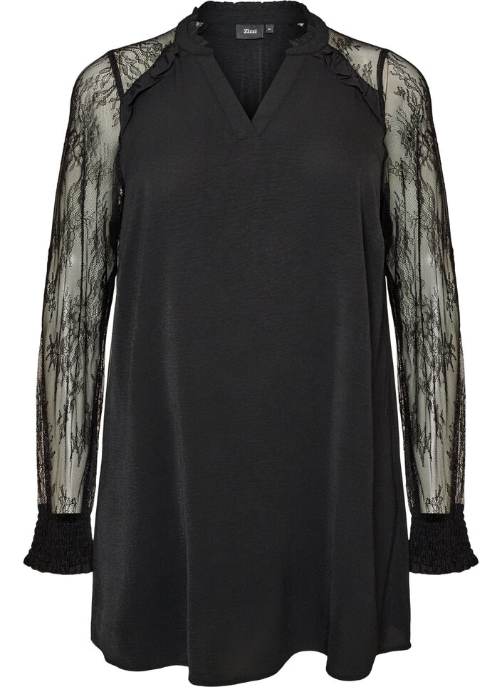 Tunique avec manches en dentelle transparente, Noir, Packshot image number 0