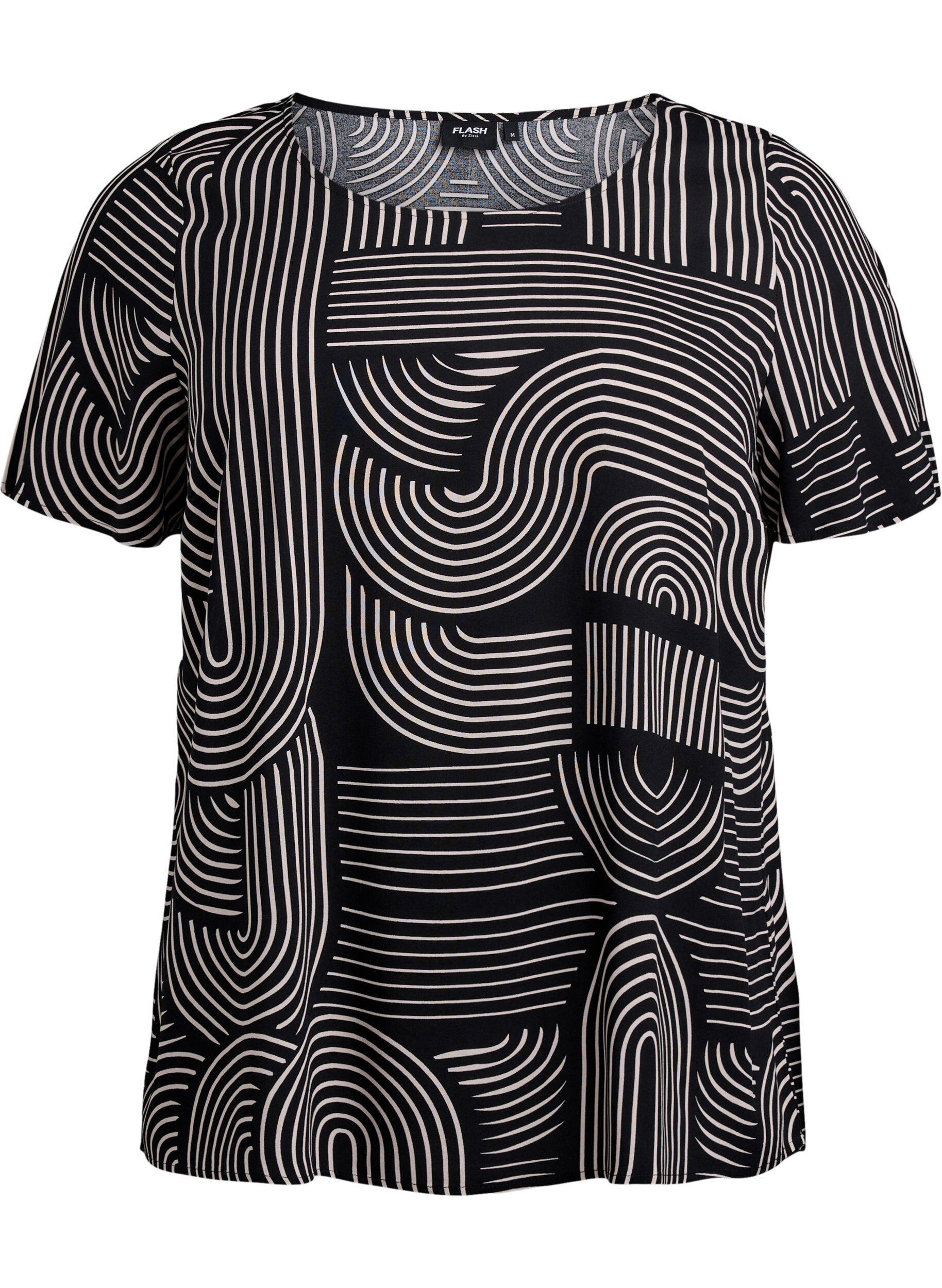 Zizzi FLASH &ndash; Kurzarmbluse aus Viskose mit Aufdruck, Schwarz, Packshot image number 0