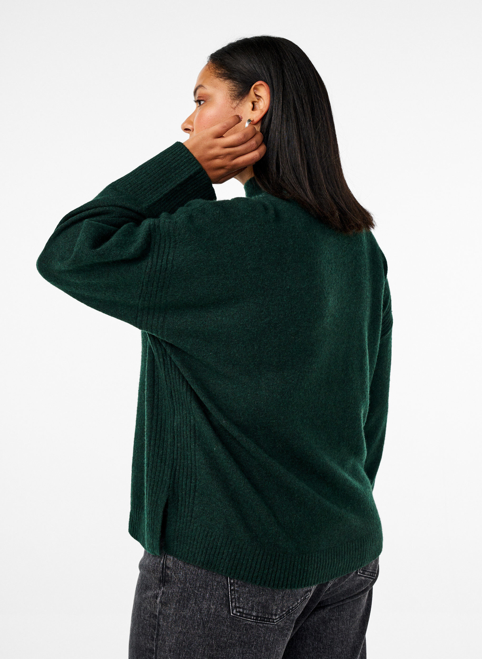 Zizzi Strickpullover mit gerippten Abschl&uuml;ssen, Scarab Mel., Model image number 1