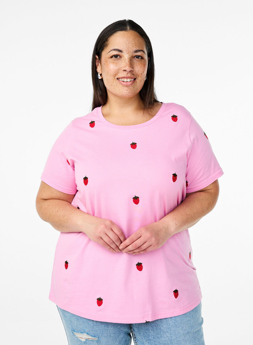 T-shirt en coton biologique avec motifs brod&eacute;s, Rose, Model image number 0