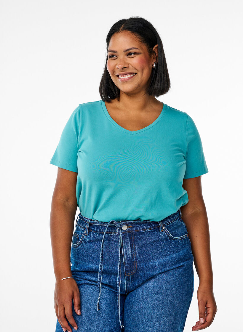 T-shirt basique en coton de couleur unie, Bleu, Model image number 0