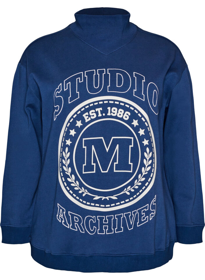 Sweat-shirt avec col montant et motif sportif sur le devant, Bleu, Packshot image number 0