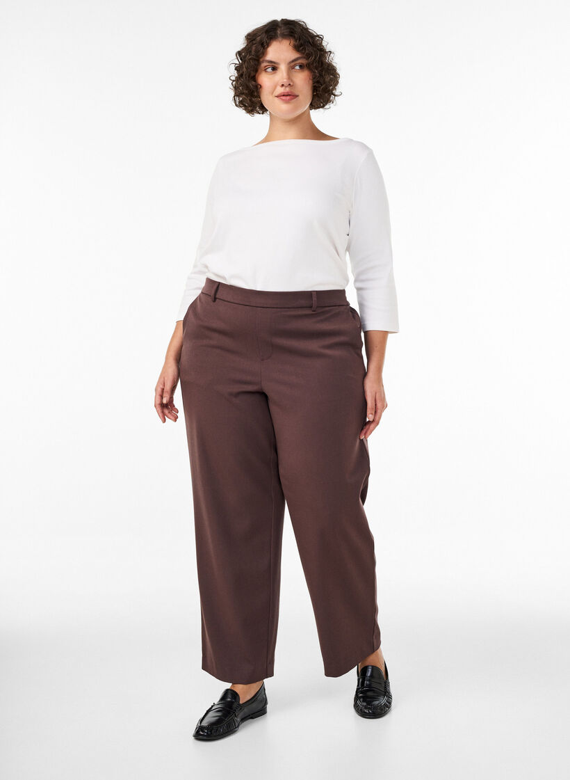 Pantalon de costume taille haute coupe droite, Marron, Model image number 0