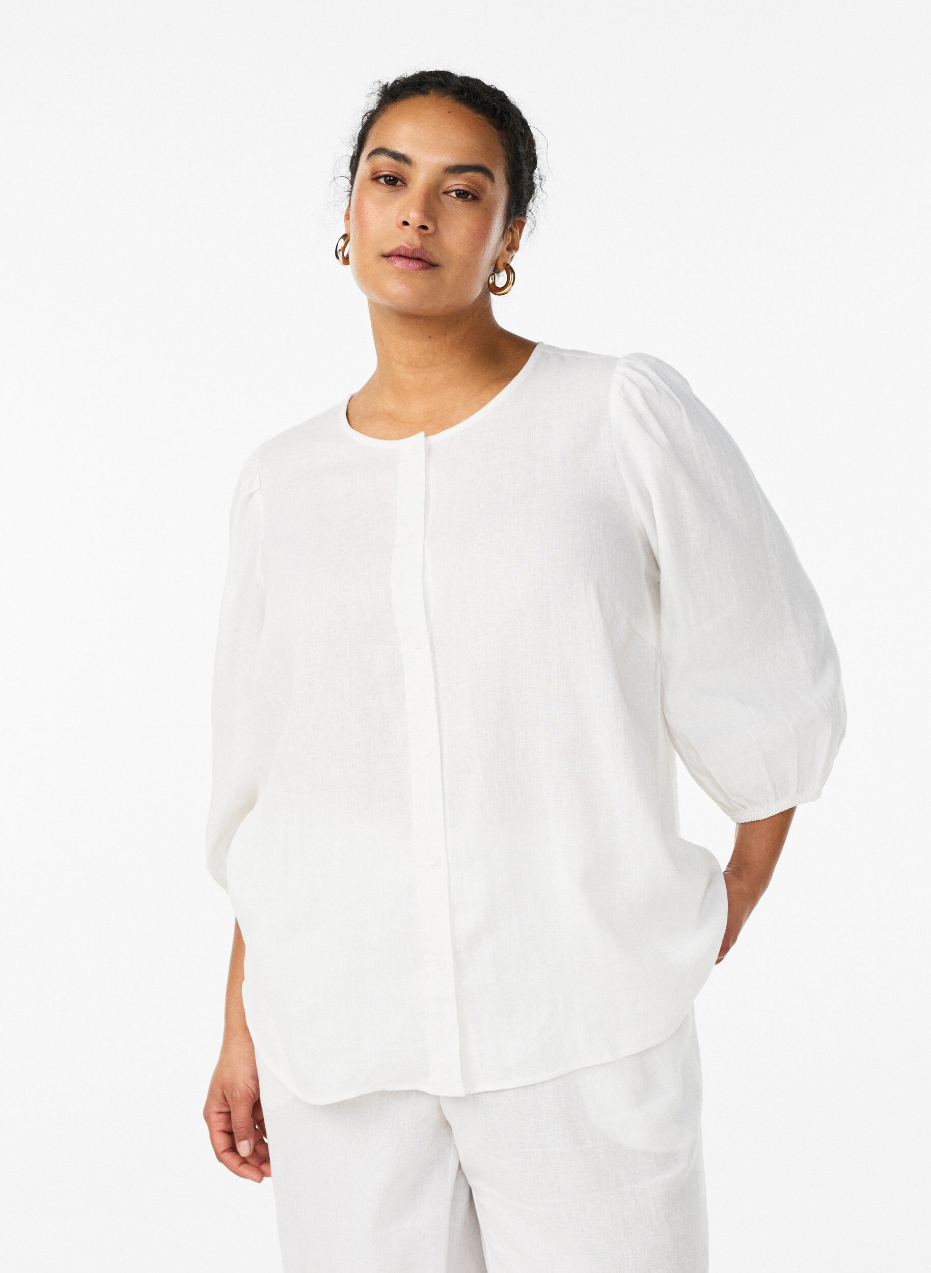 Chemisier en lin et viscose avec manches 3/4, Blanc, Model