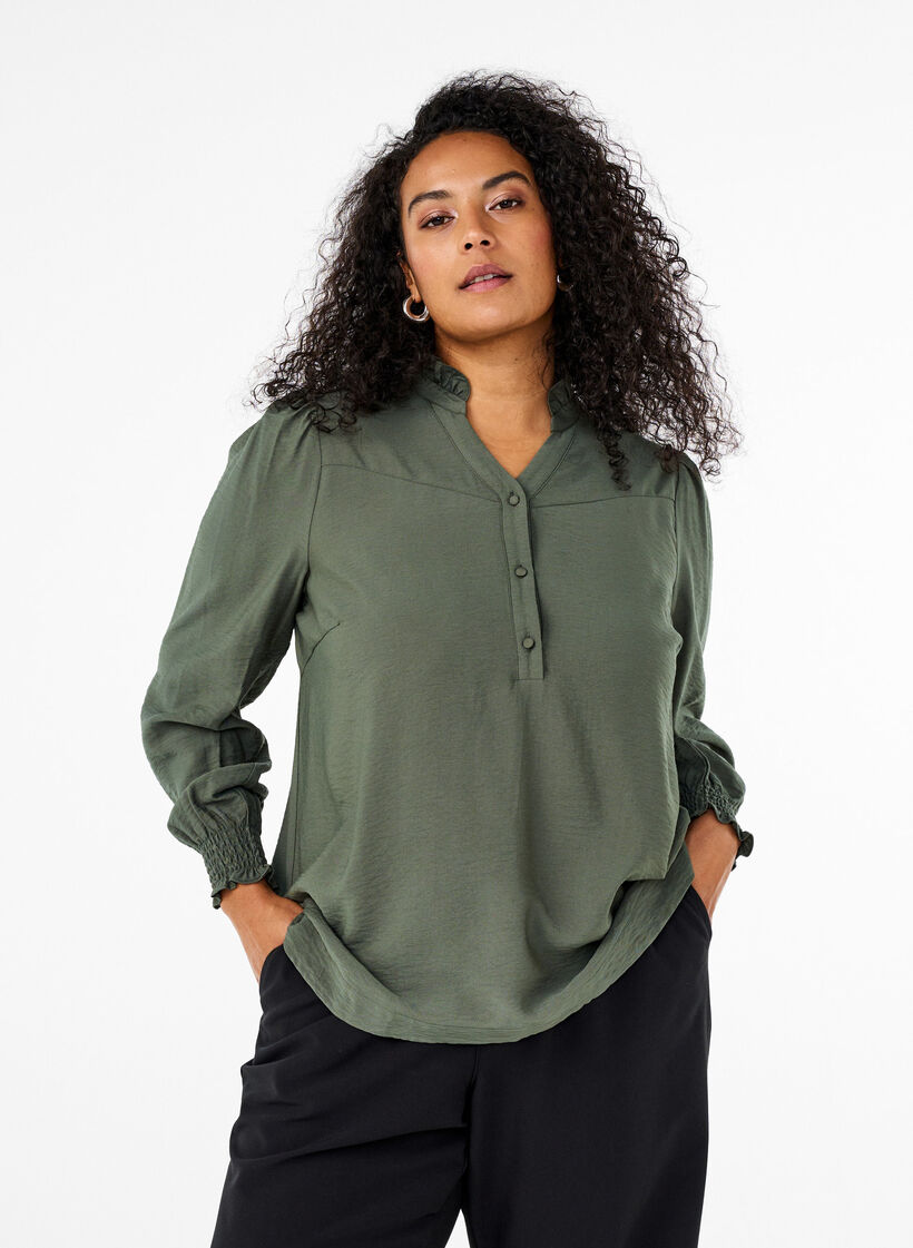 Bluse mit Rüschenkragen, Grün, Model image number 0