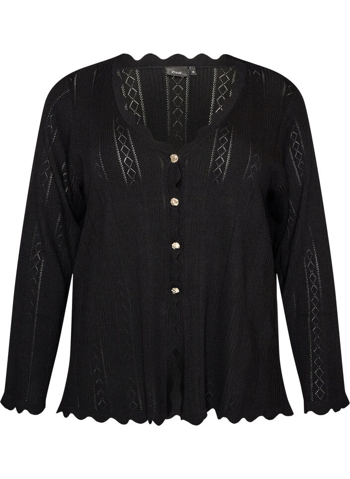Cardigan with eyelet embroidery and wavy edges, Black, Packshot image number 0
