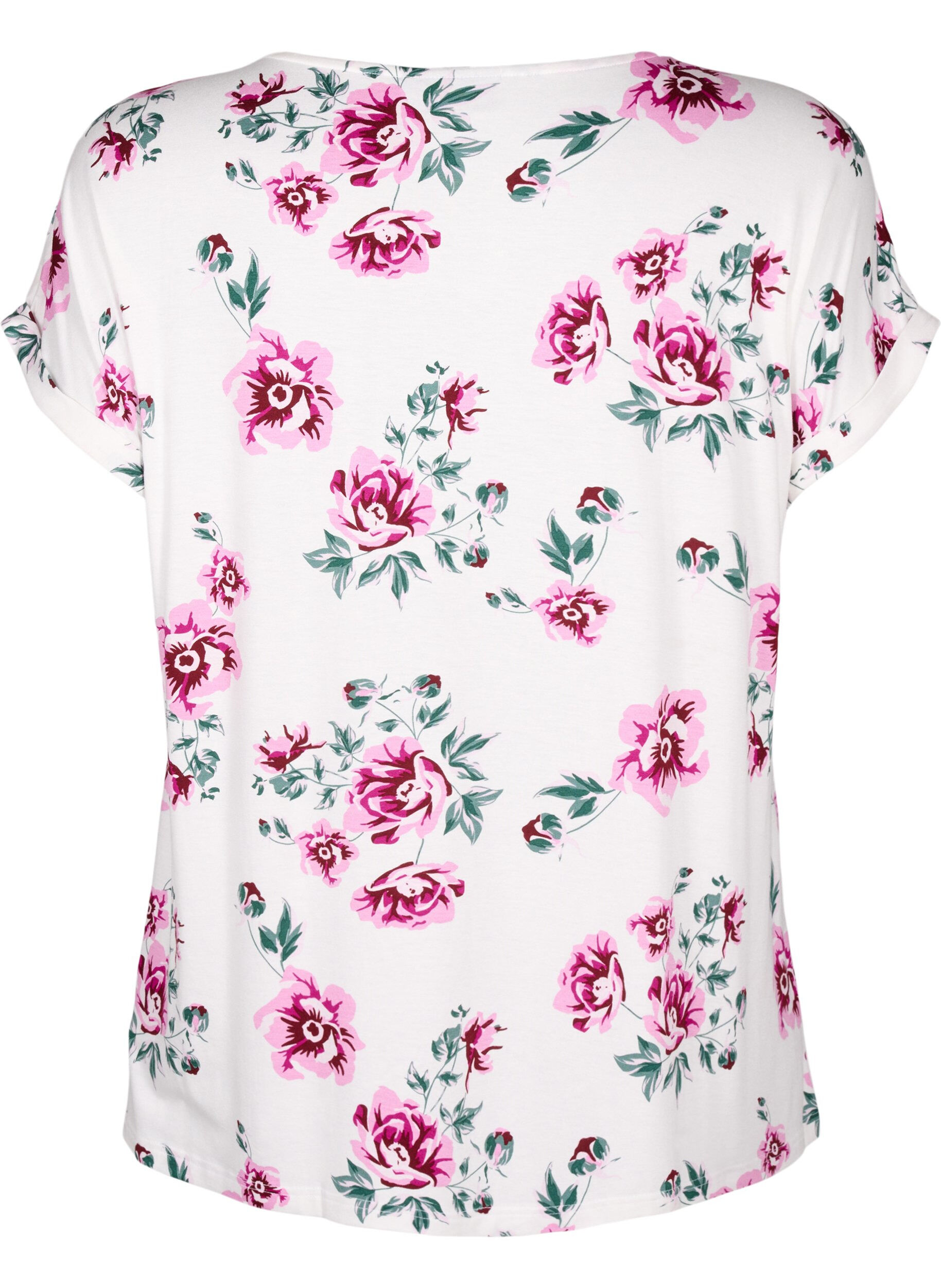 Zizzi Chemisier floral &agrave; manches courtes en viscose, White Pink AOP, Packshot image number 1