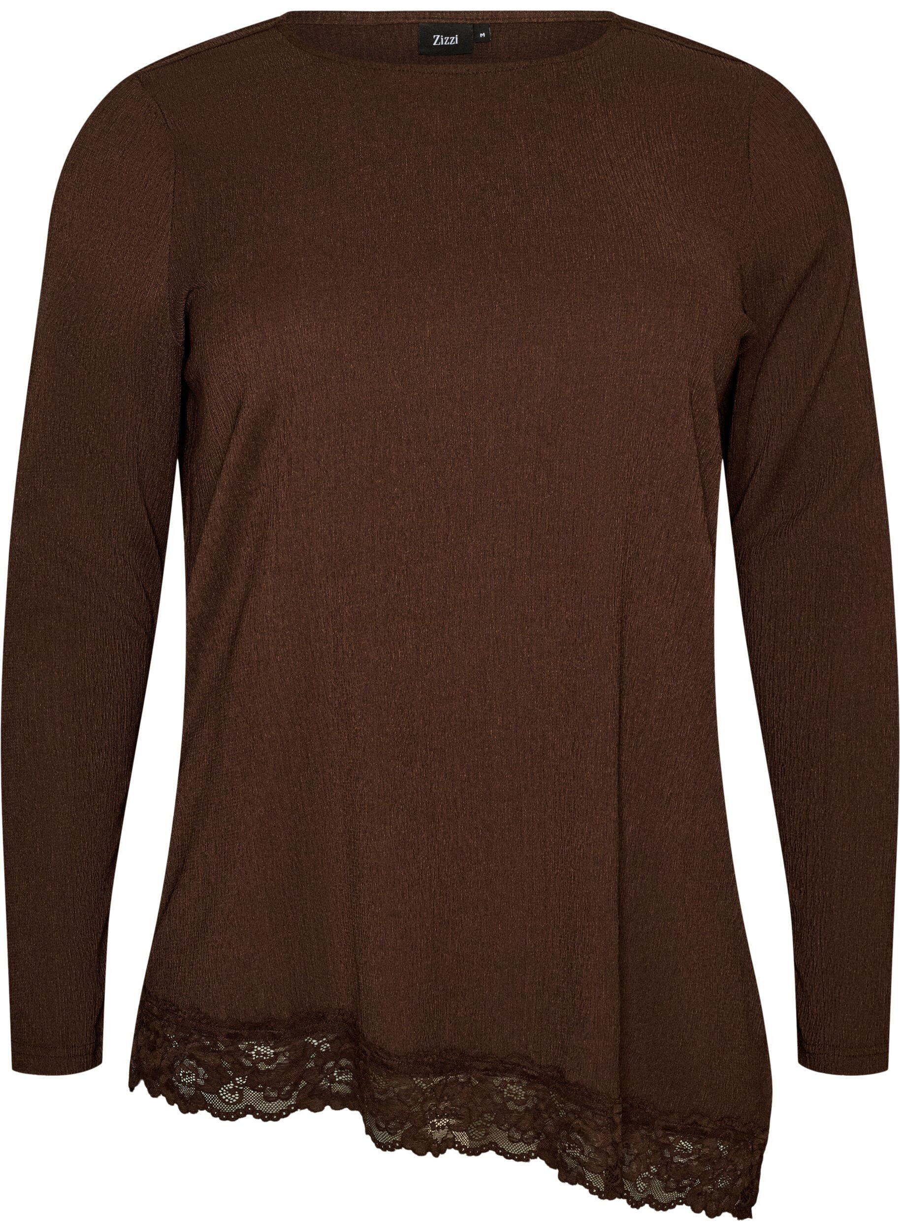 ZizziJerseybluse mit asymmetrischem Spitzenbesatz, Braun, Packshot image number 0