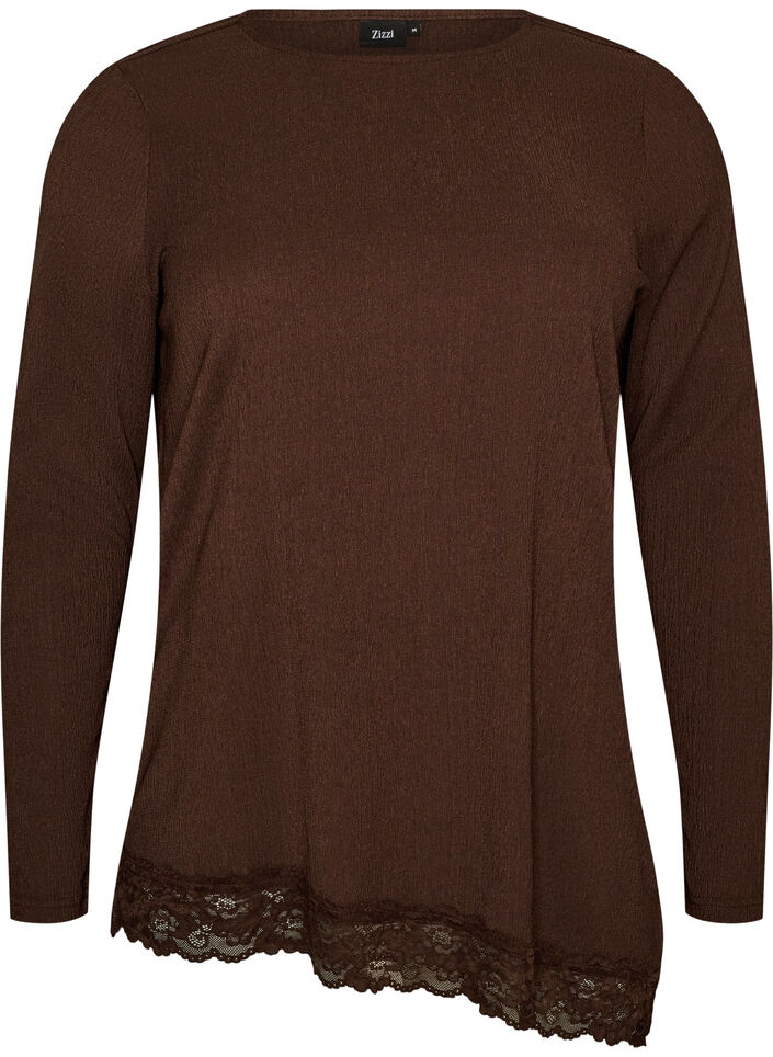 Jerseybluse mit asymmetrischem Spitzenbesatz, Braun, Packshot image number 0