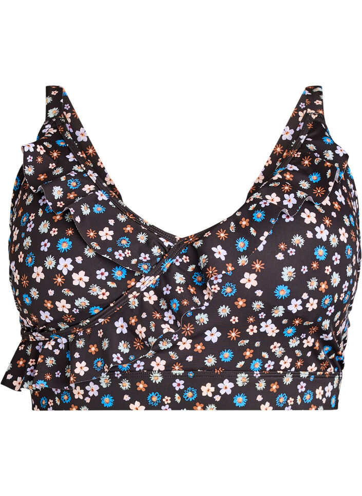 Haut de bikini &agrave; fleurs et &agrave; d&eacute;tails de jabot, Marron, Packshot image number 0