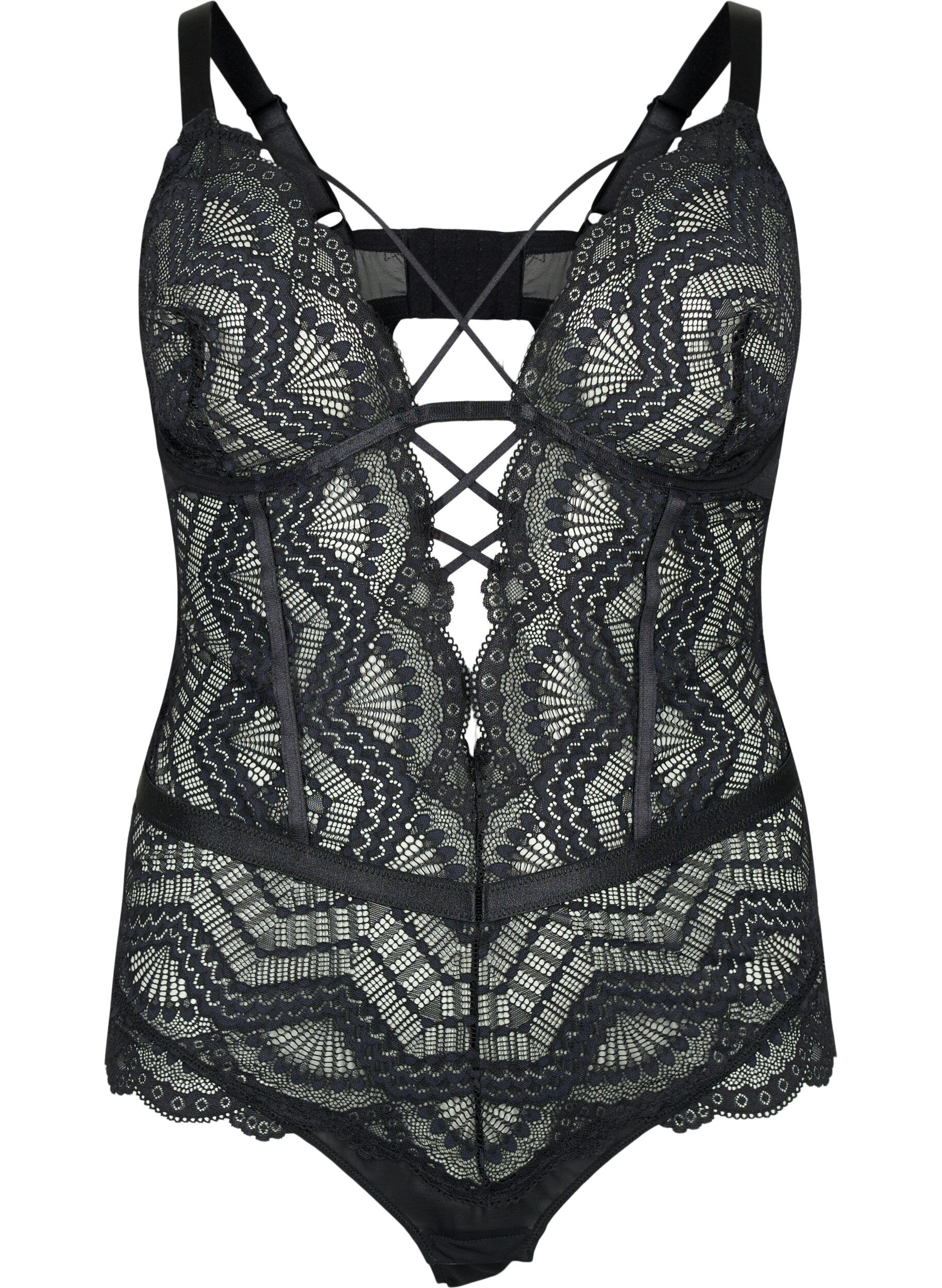 Zizzi Justaucorps en dentelle avec cordons, Noir, Packshot image number 0