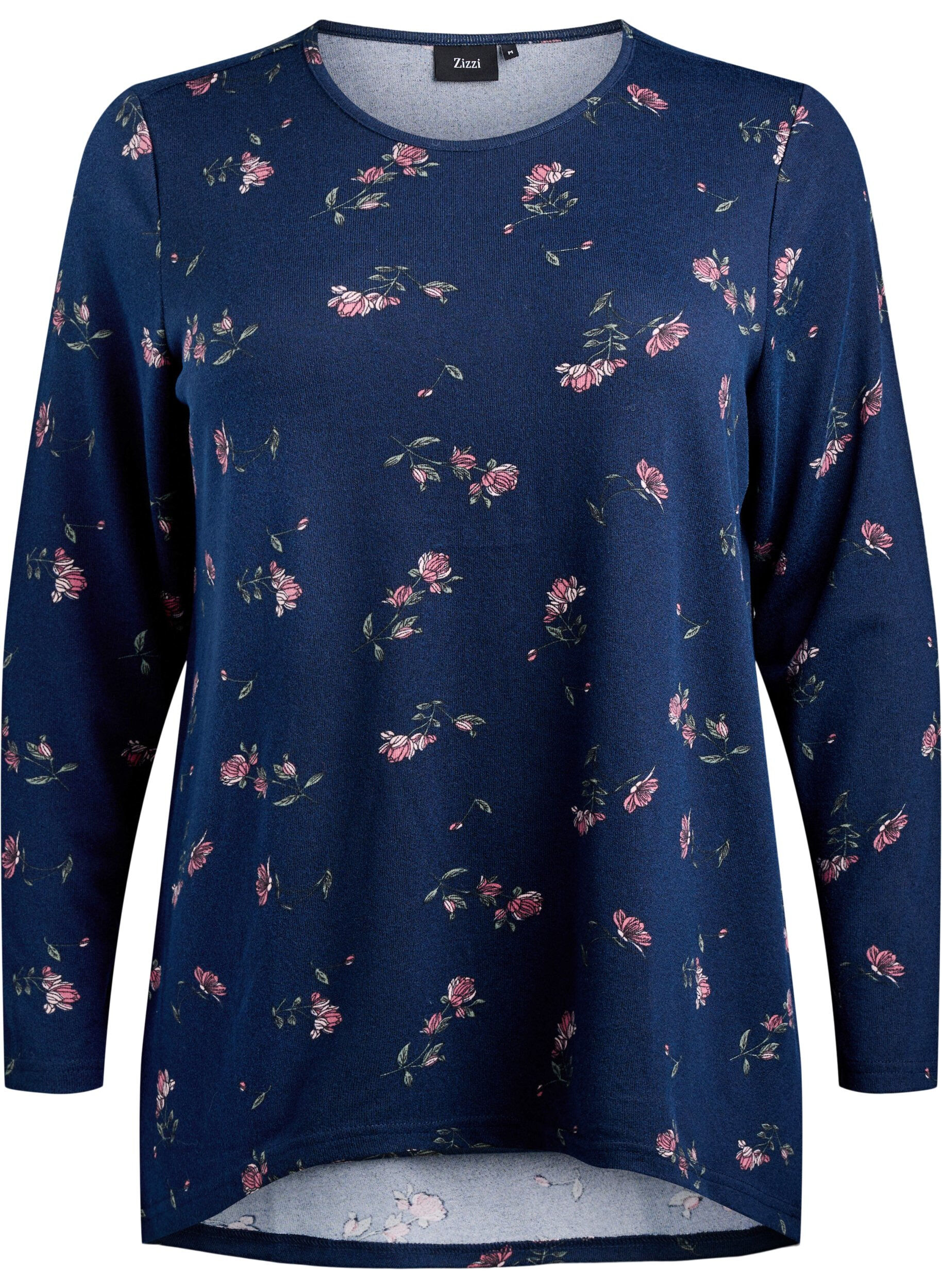 Zizzi Bluse mit Blumenmuster und langen &Auml;rmeln, Blau, Packshot image number 0