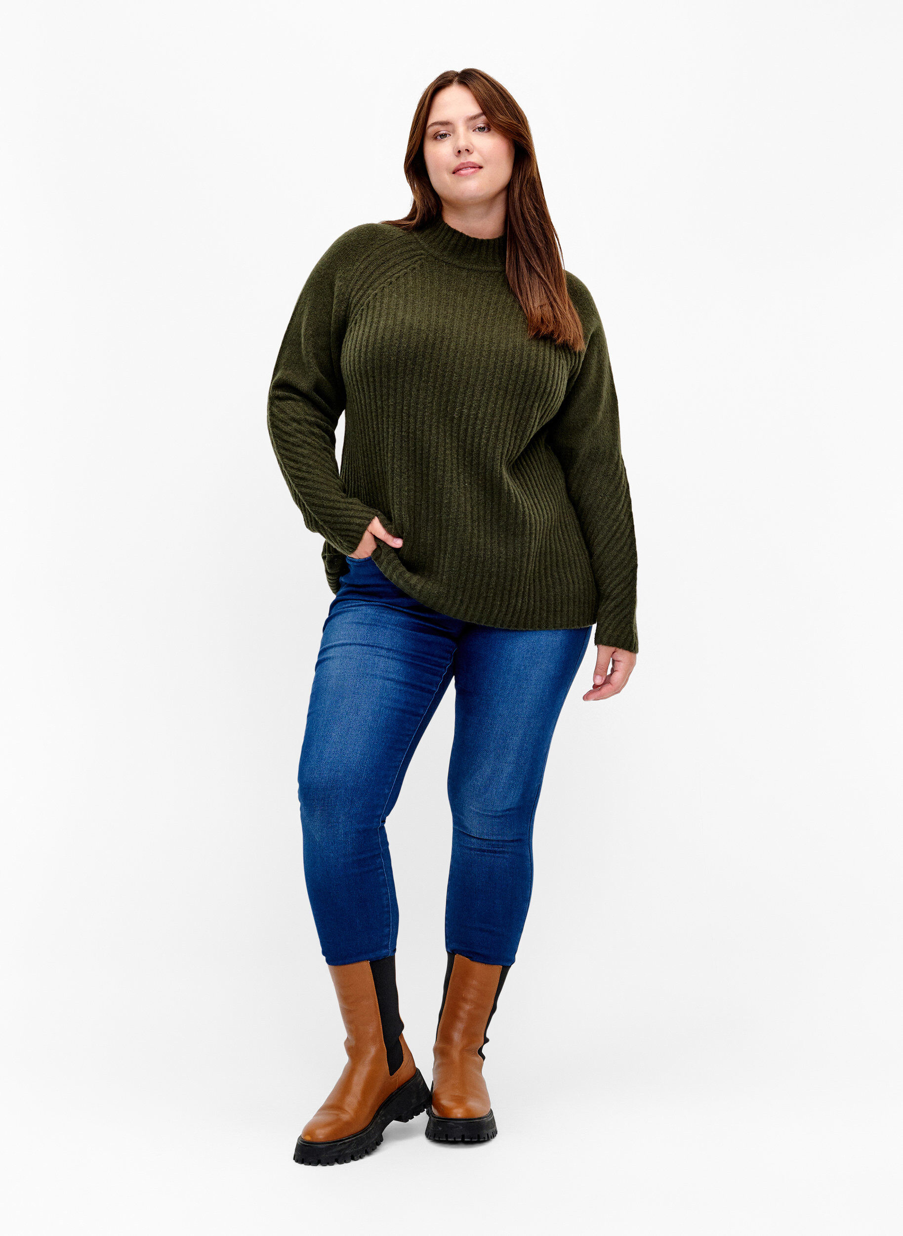 Zizzi Rollkragenpullover mit Rippstruktur, Forest Night Mel., Model image number 2