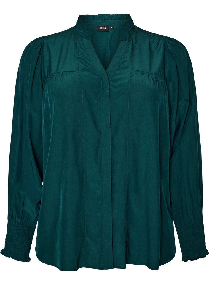 Blouse avec col &agrave; volants et fronces, Vert fonc&eacute;, Packshot image number 0