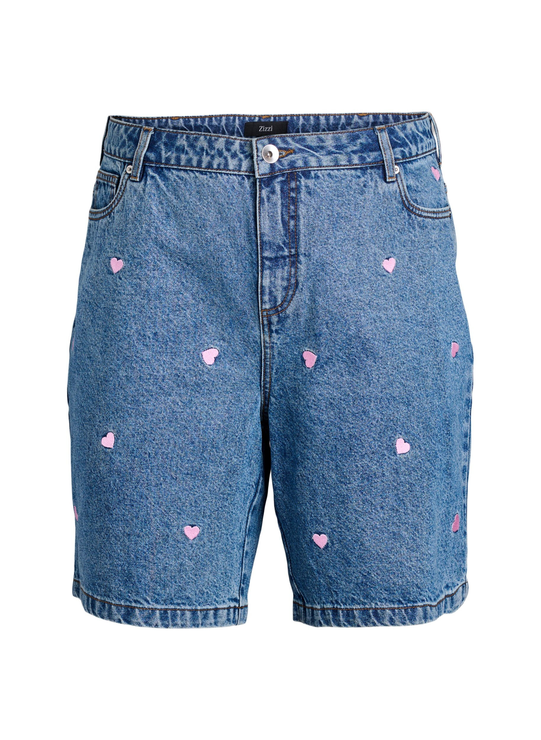 Zizzi Shorts en jean taille haute orn&eacute;s de c&oelig;urs brod&eacute;s, Bleu Clair, Packshot image number 0