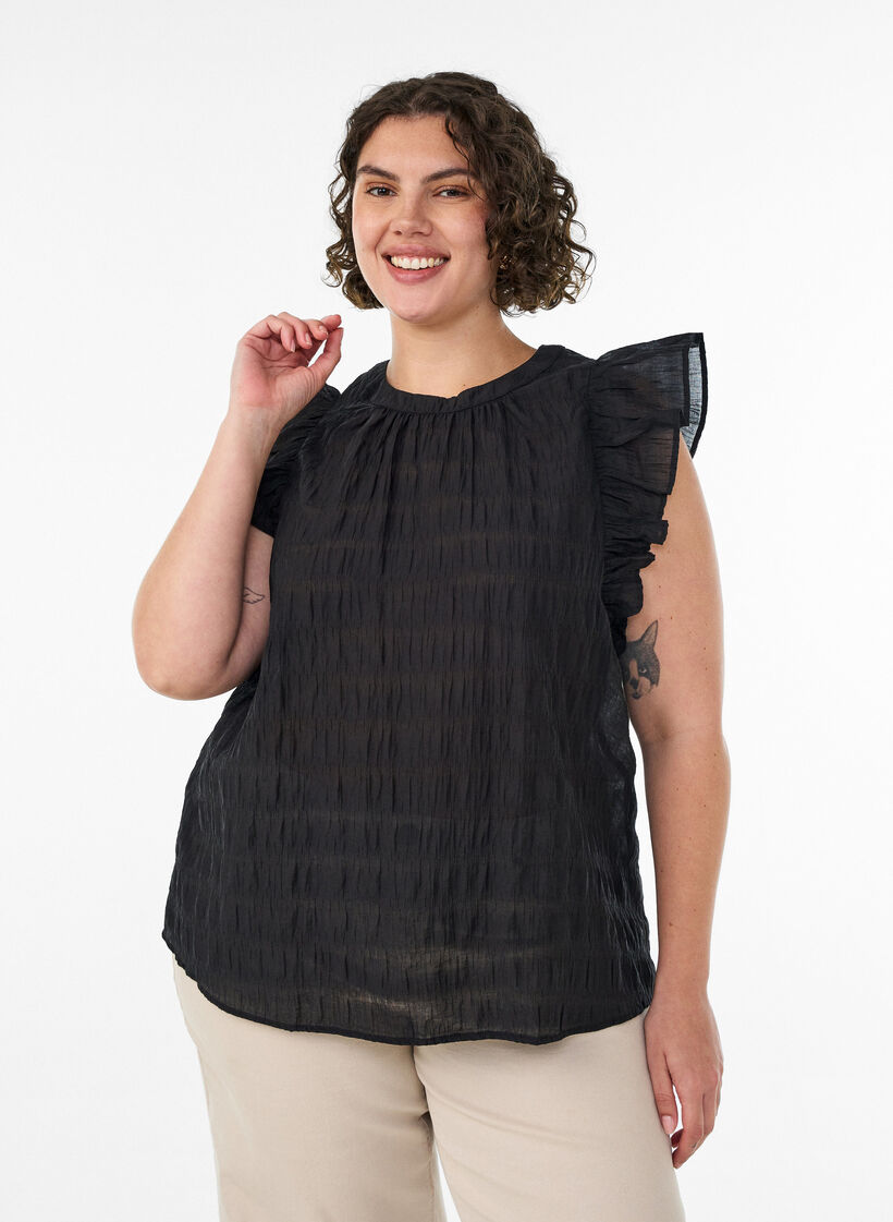 &Auml;rmellose Bluse mit Struktur und R&uuml;schen, Schwarz, Model image number 0