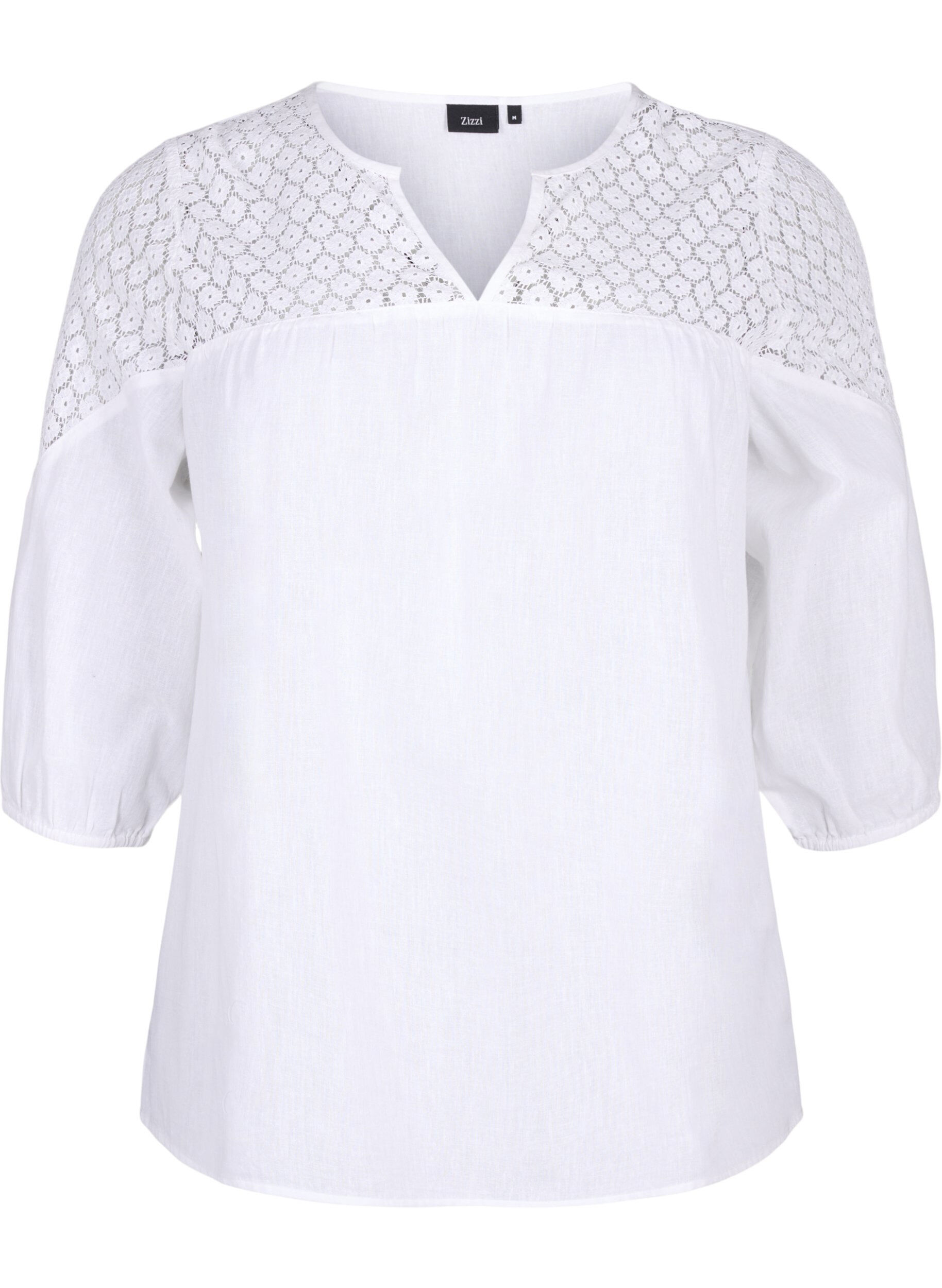 Zizzi Bluse aus Baumwollmischung mit Leinen und H&auml;keldetails, Bright White, Packshot image number 0