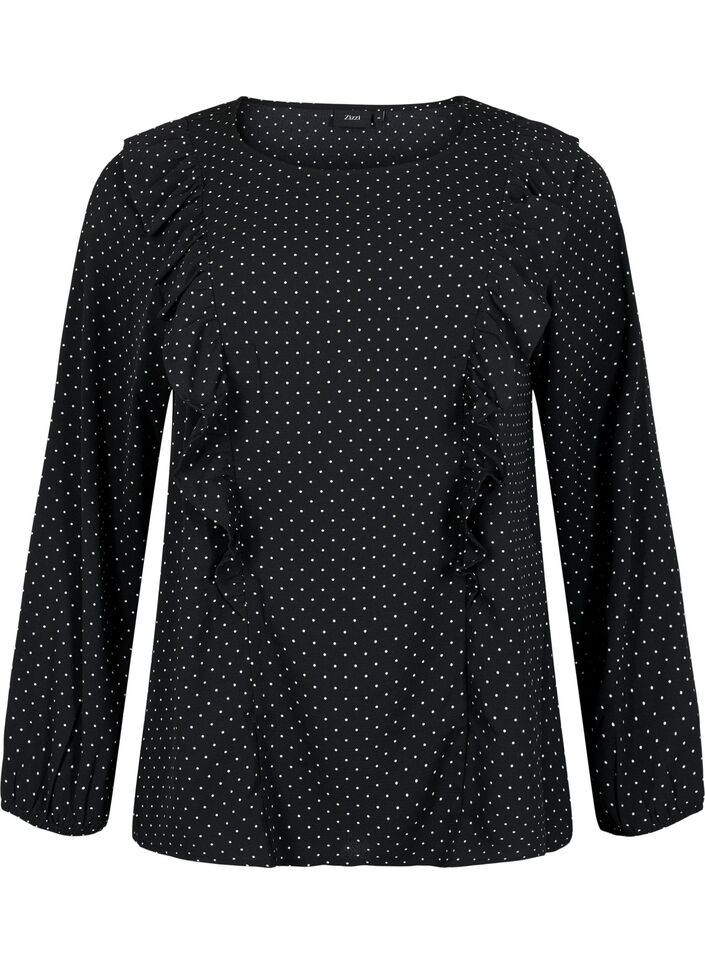 Langärmelige Bluse mit Rüschen, Black Dot, Packshot image number 0