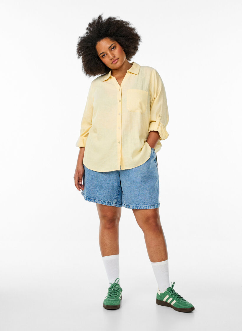 Chemise en lin et viscose avec manches 3/4, Jaune clair, Model image number 1