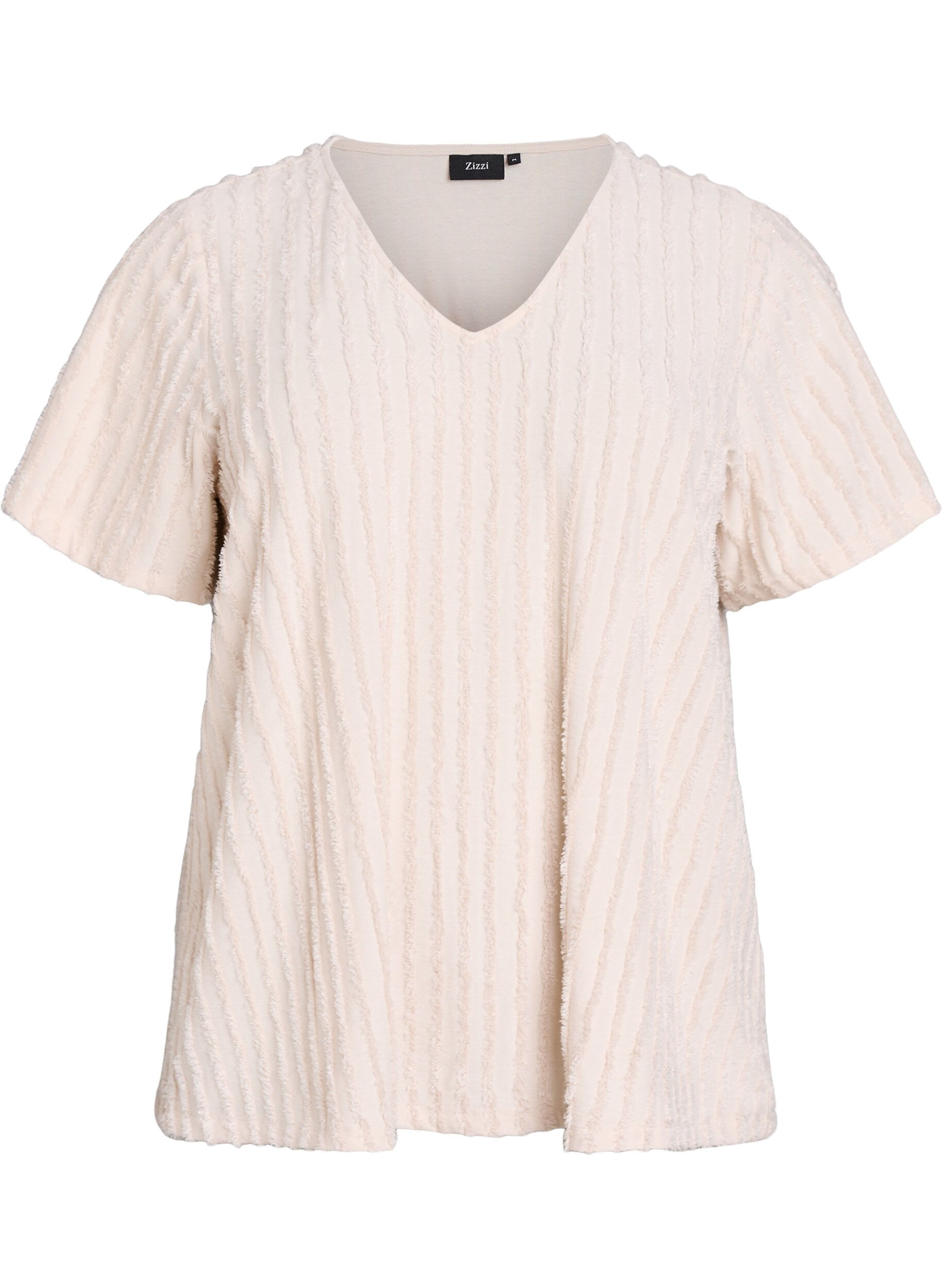Zizzi Bluse mit kurzen &Auml;rmeln und Streifenstruktur, Beige, Packshot image number 0
