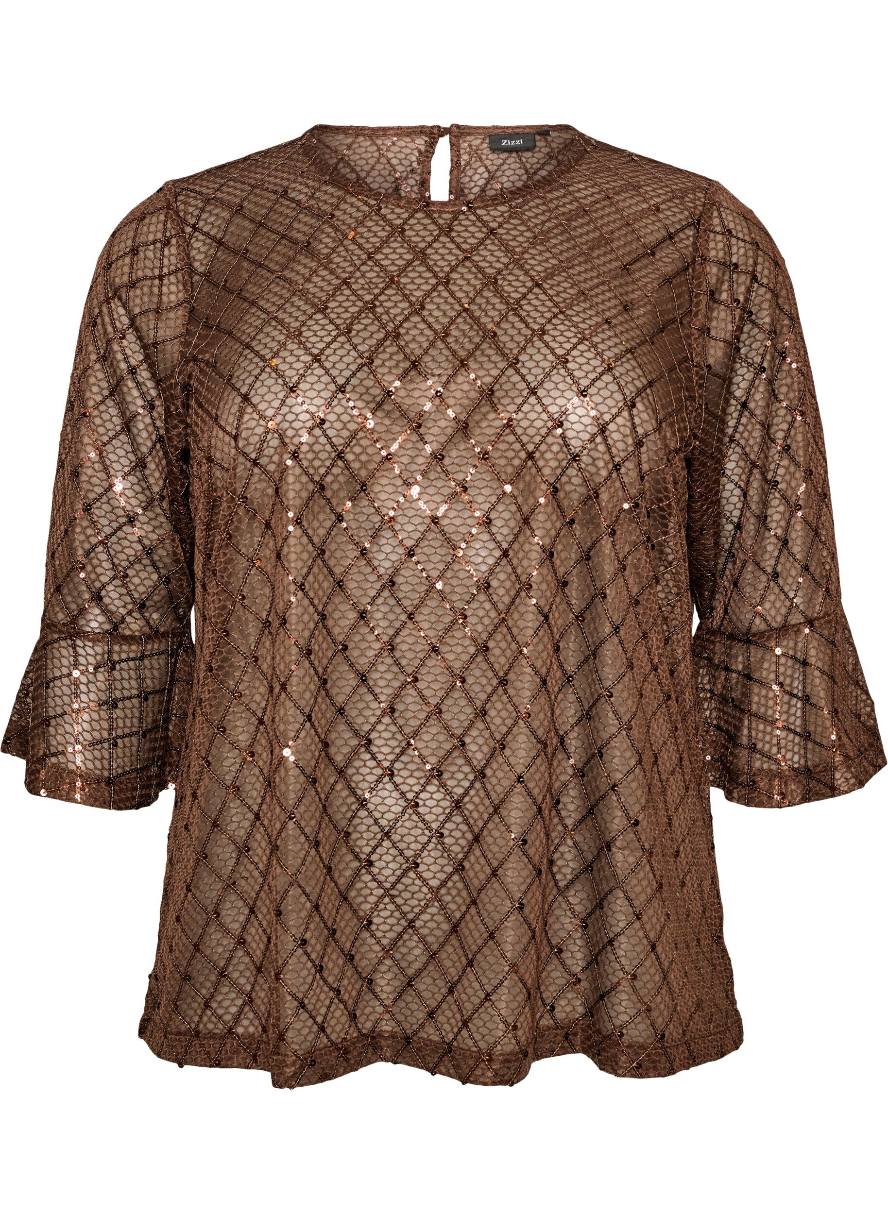 ZizziBlouse transparente avec sequins et motif &agrave; losanges, Marron, Packshot image number 0