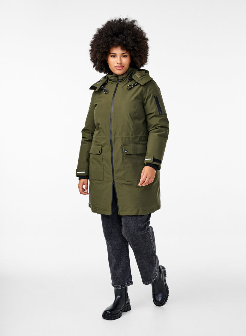 Veste d'hiver pratique avec capuche et poches, Vert foncé, Model image number 1