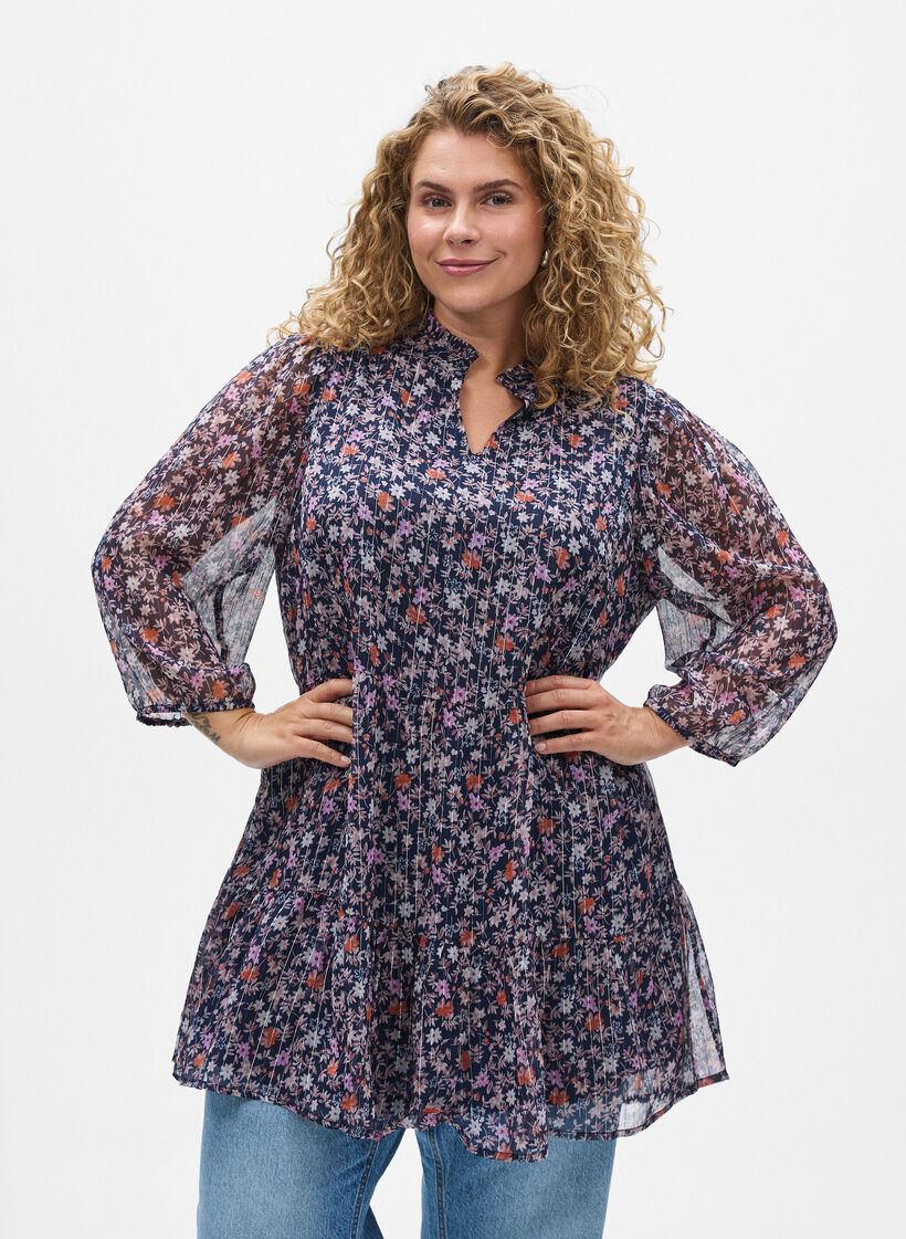 Tunika aus Viskose mit gebl&uuml;mtem Print und Glitzerf&auml;den, Blau, Model image number 0