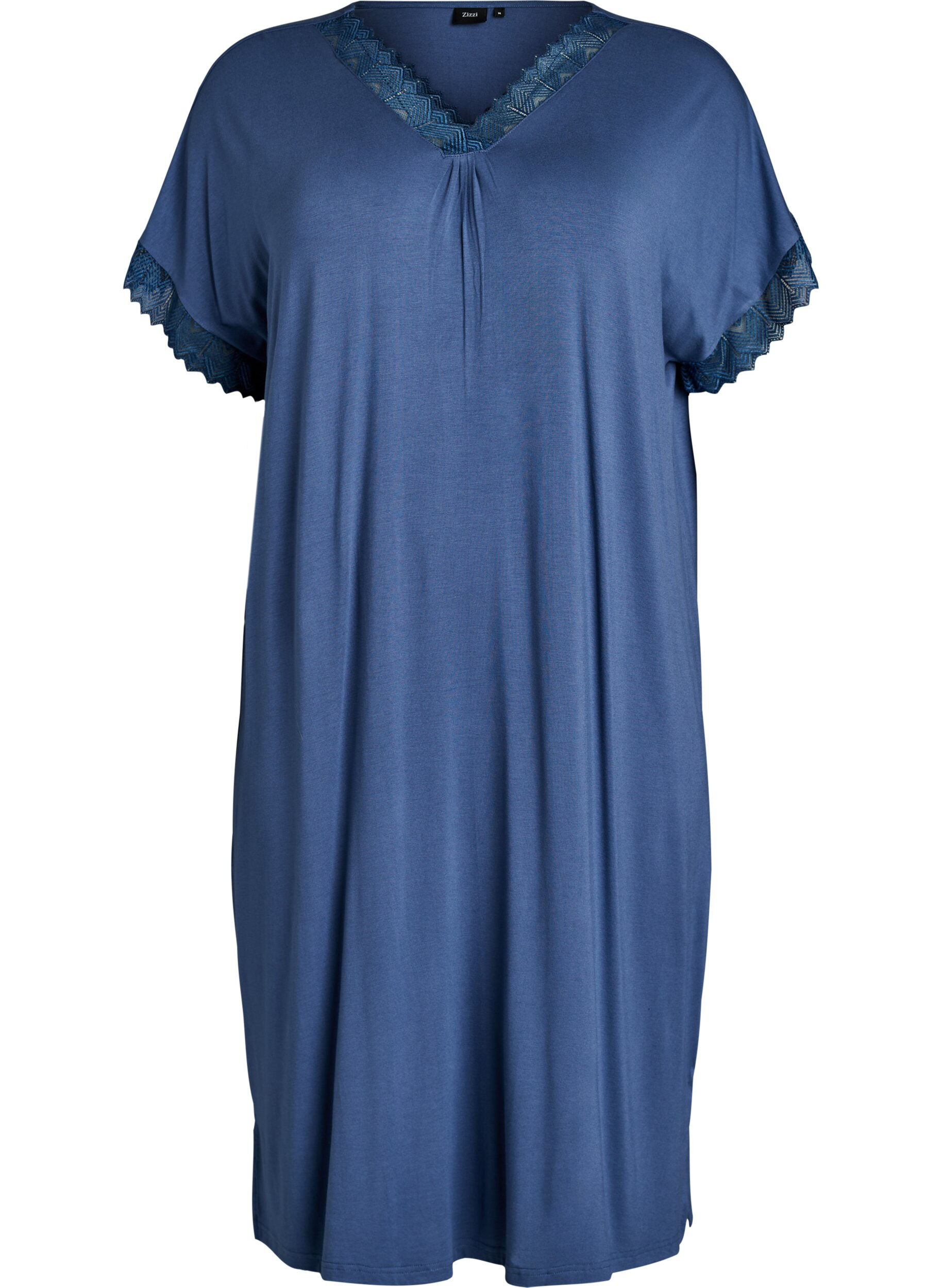 Zizzi Chemise de nuit en viscose manches courtes dentelle, Bleu, Packshot image number 0