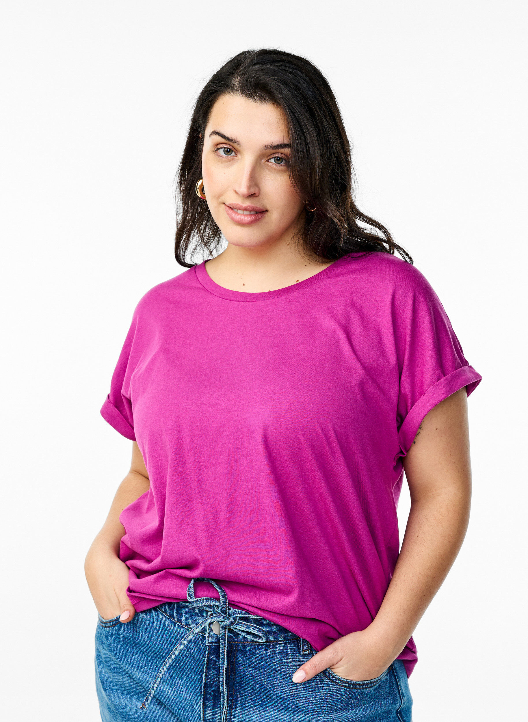 Zizzi Kurz&auml;rmeliges T-Shirt aus einer Baumwollmischung, Lila, Model image number 0