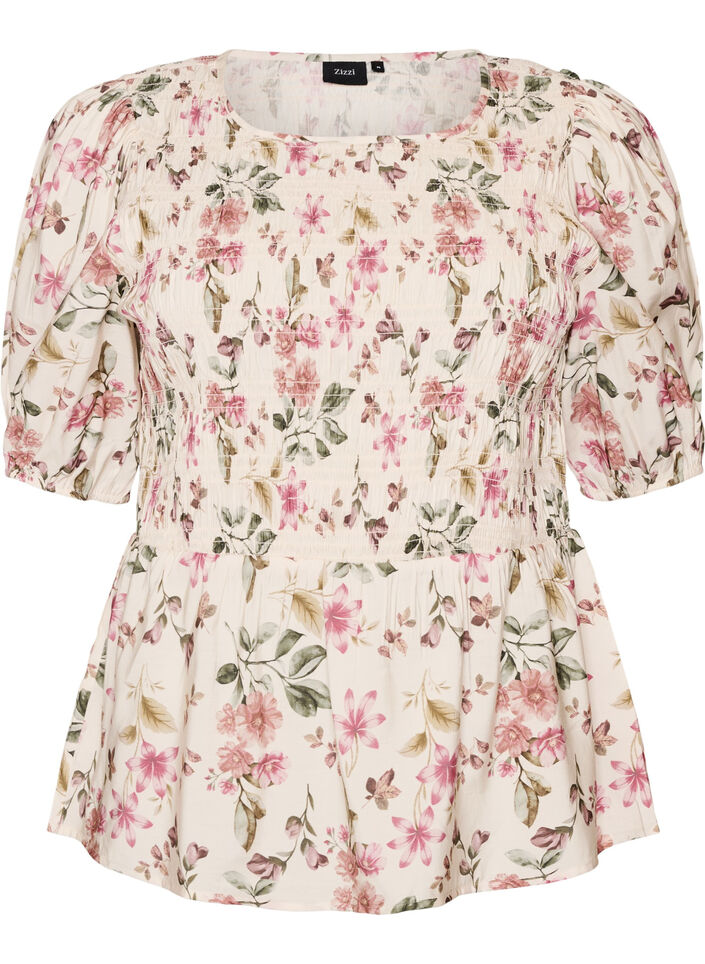Bluse aus Viskose mit Smock und Peplum-Effekt, Vanille, Packshot image number 0