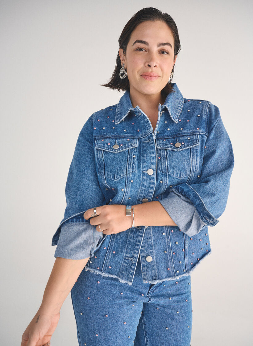 Jeansjacke mit Strasssteinen und einem Rough-Saum, Blau, Image image number 0